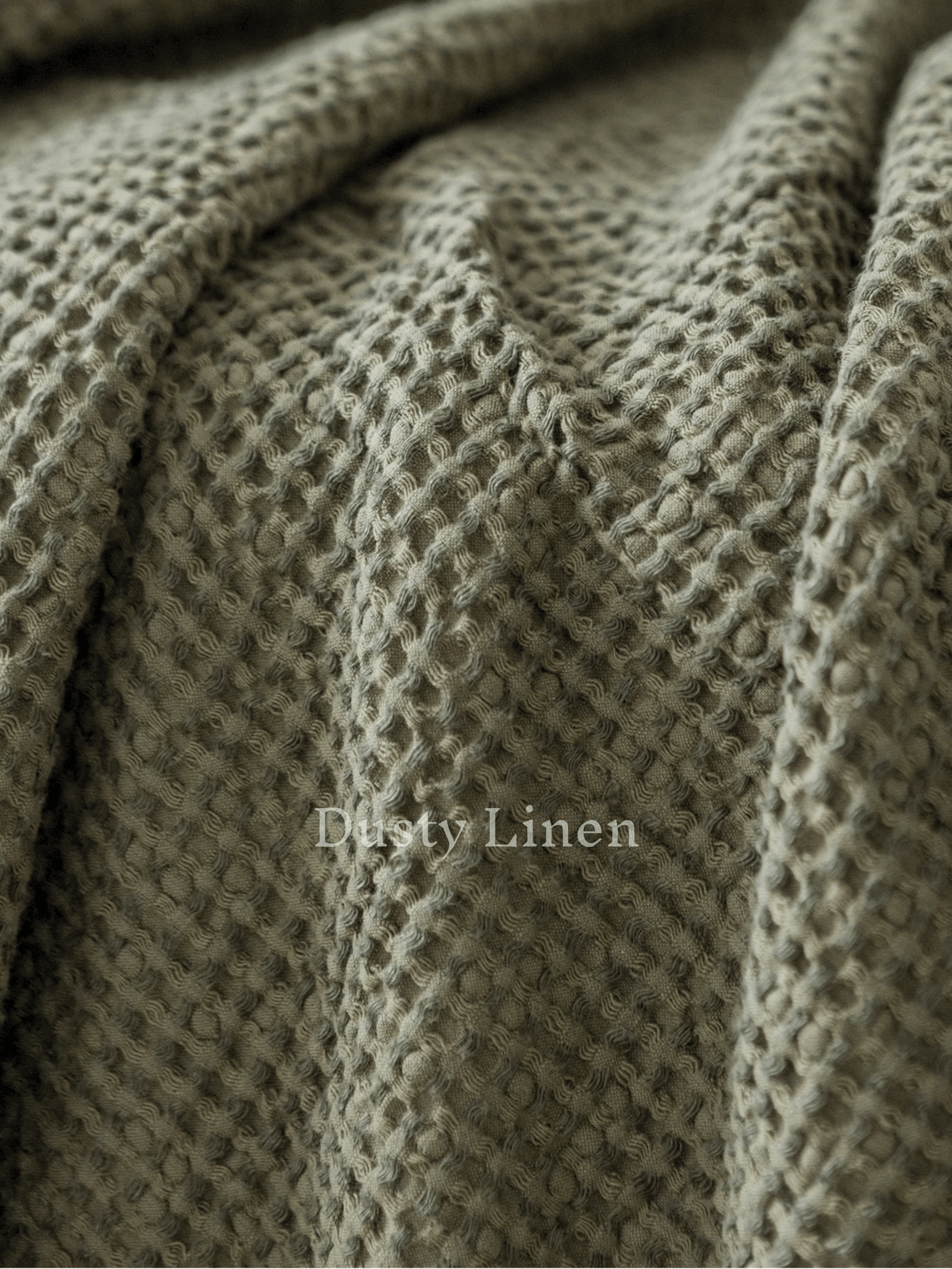 Large waffle blanket khaki green — texture close-up, linen-cotton blend