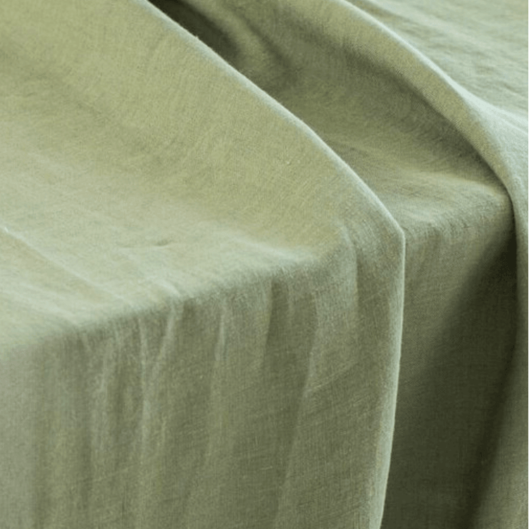 Khaki green linen fabric close-up, 175 g/m² softened linen