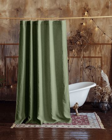 Khaki green linen curtain for shower, custom size, front view