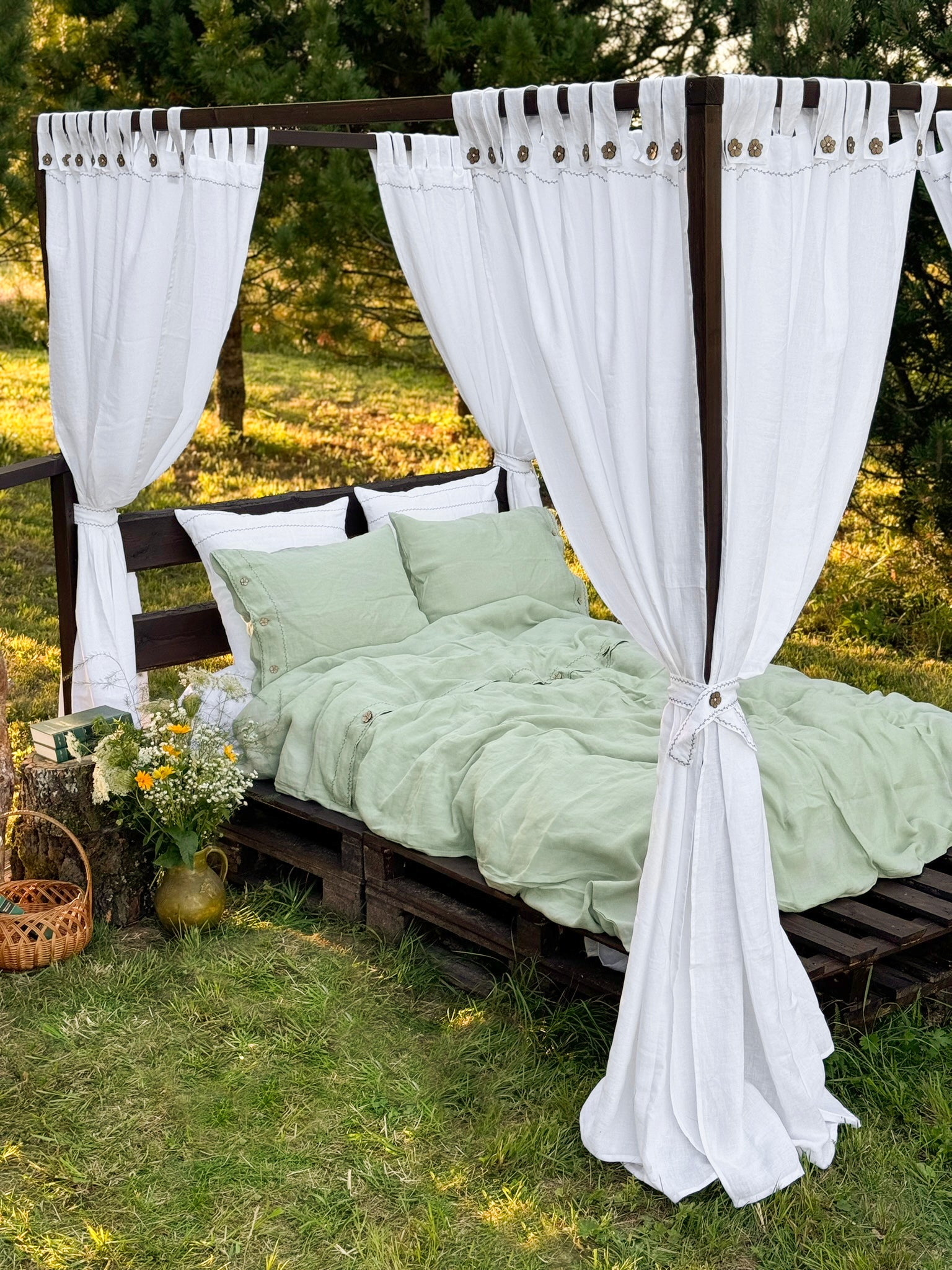 Black embroidered linen bedding set UK, EU, US king size, bedroom lifestyle photo