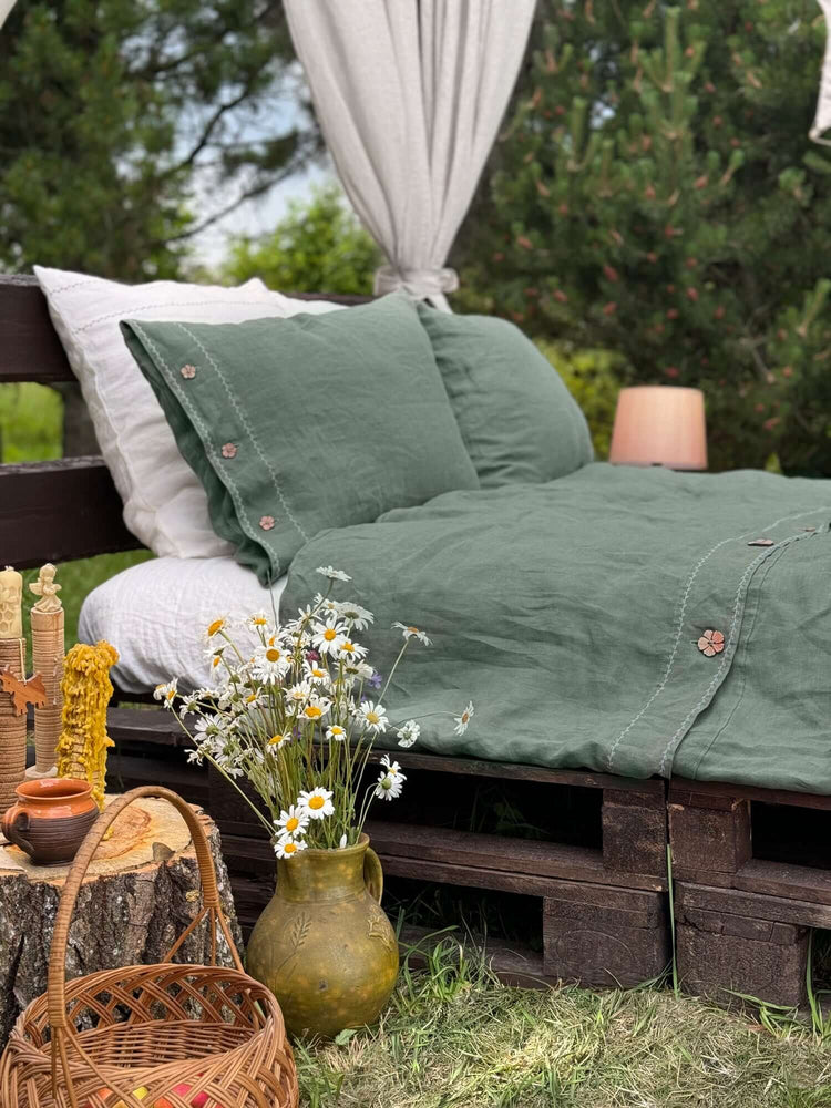 White embroidered linen bedding set EU, UK, US size, duvet cover front view