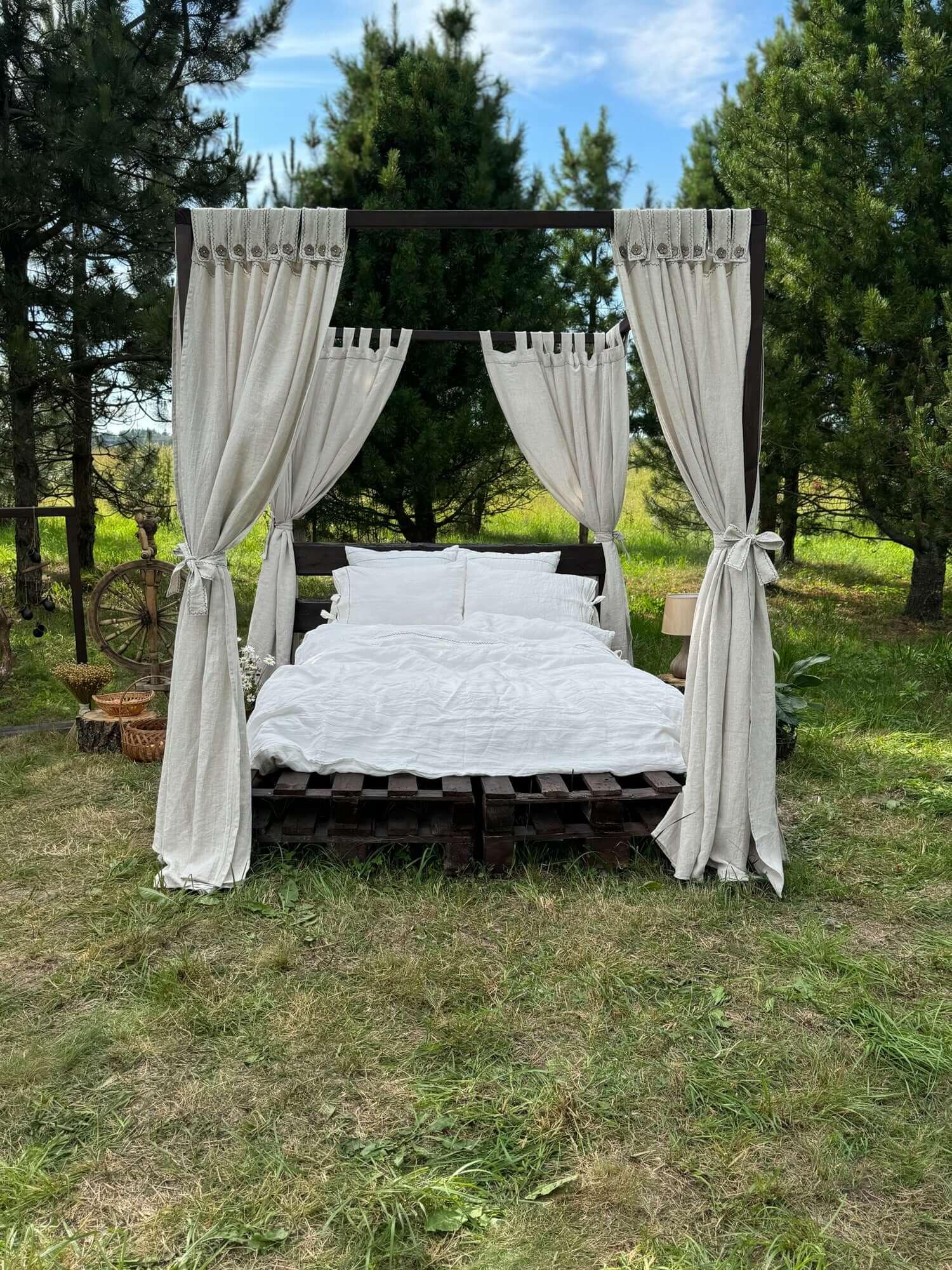 Made-to-order linen canopy bed curtains, button tab heading close-up