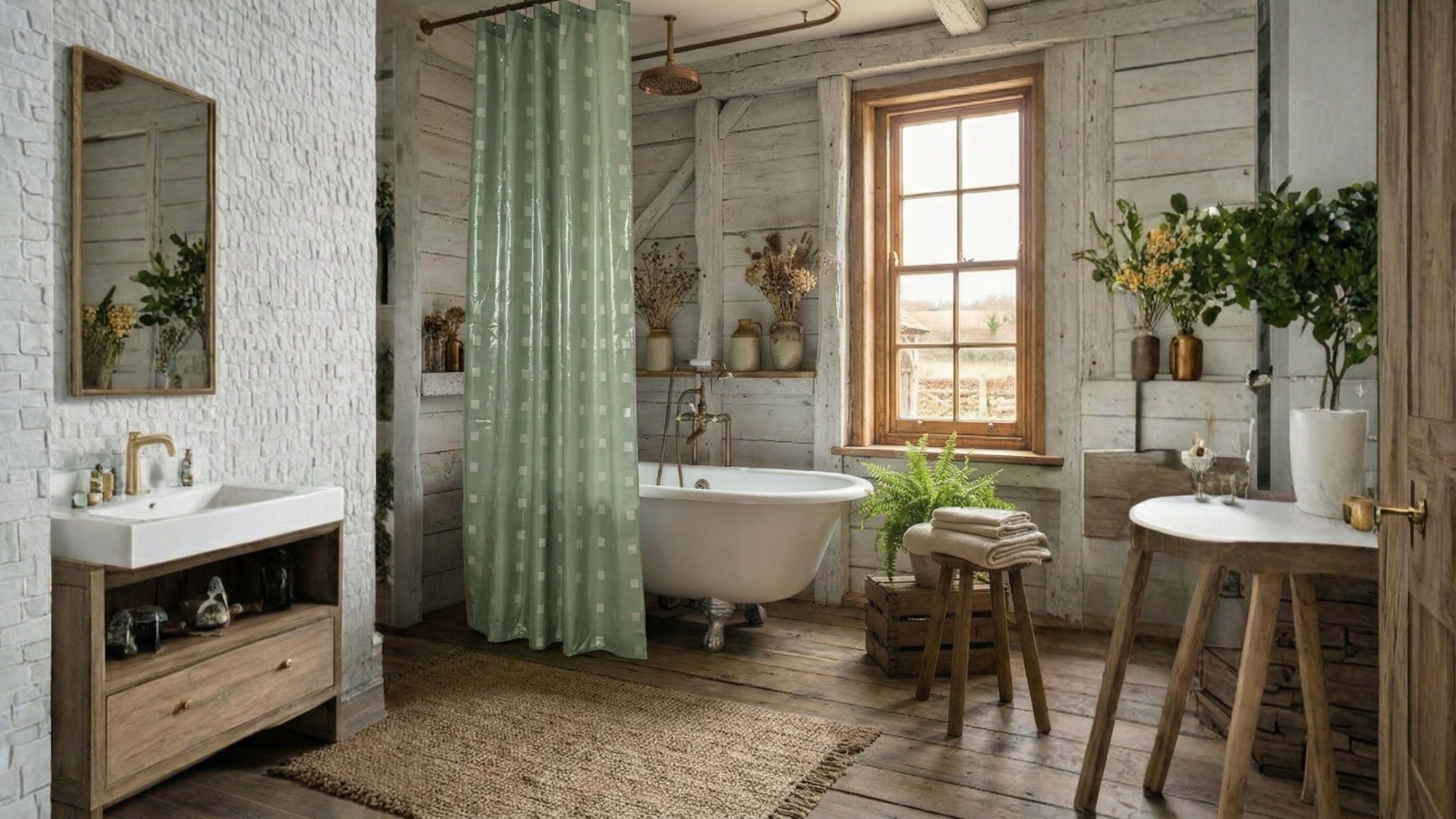 Sage green linen bathroom curtain styled near a bathtub