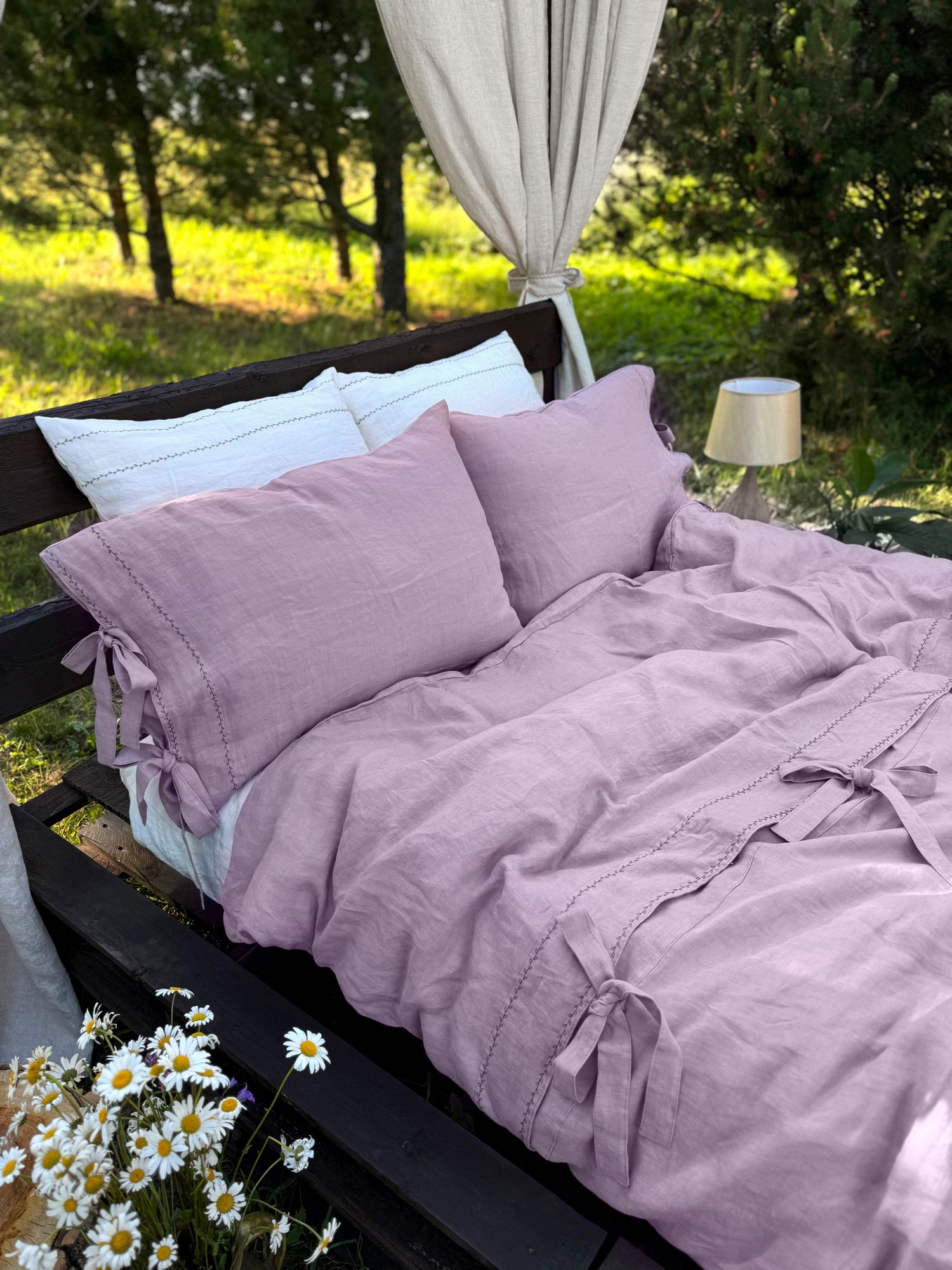 Black embroidered linen bedding set styled on bed, US, EU, UK size