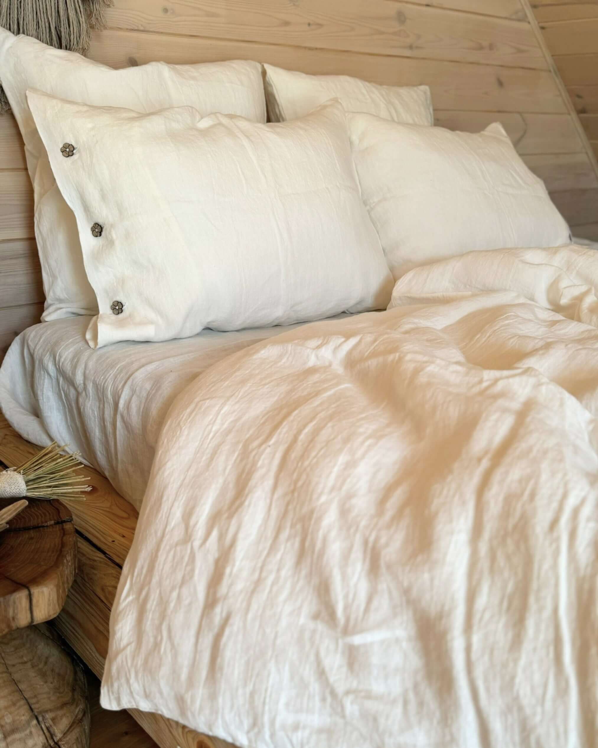 Linen bedding set corner and stitching detail, premium European craftsmanship