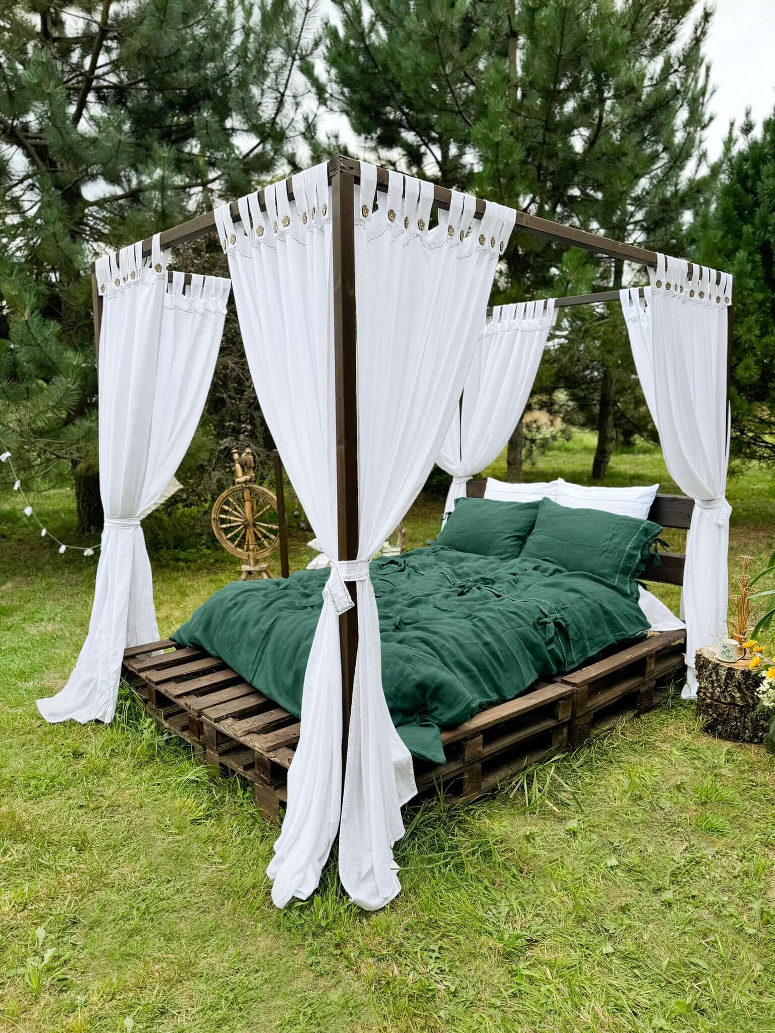 White embroidered linen bedding set, full bed view, EU, UK, US size