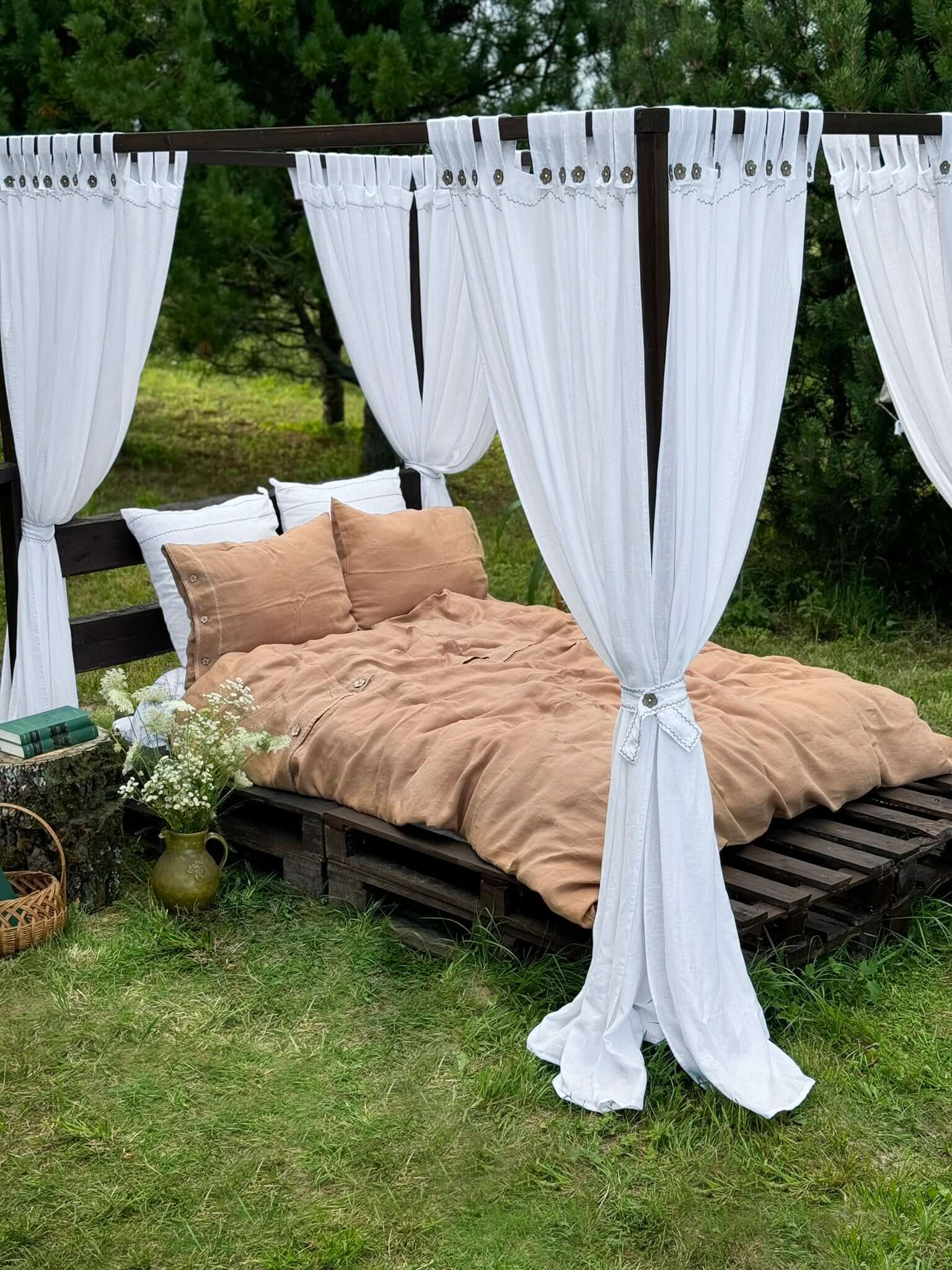 White embroidered linen bedding set styled on bed, EU, UK, US size