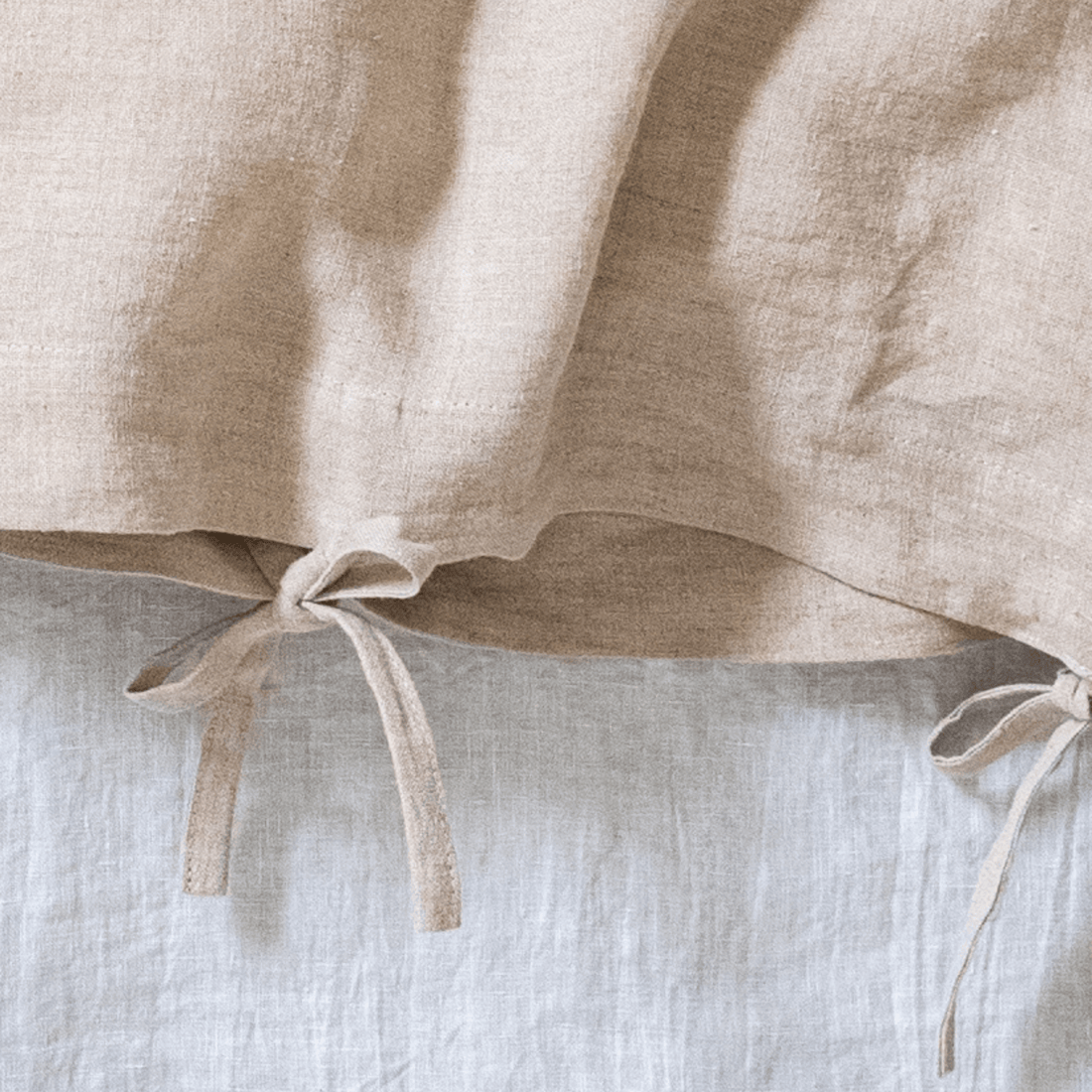 Linen bedding with skinny tie closure detail