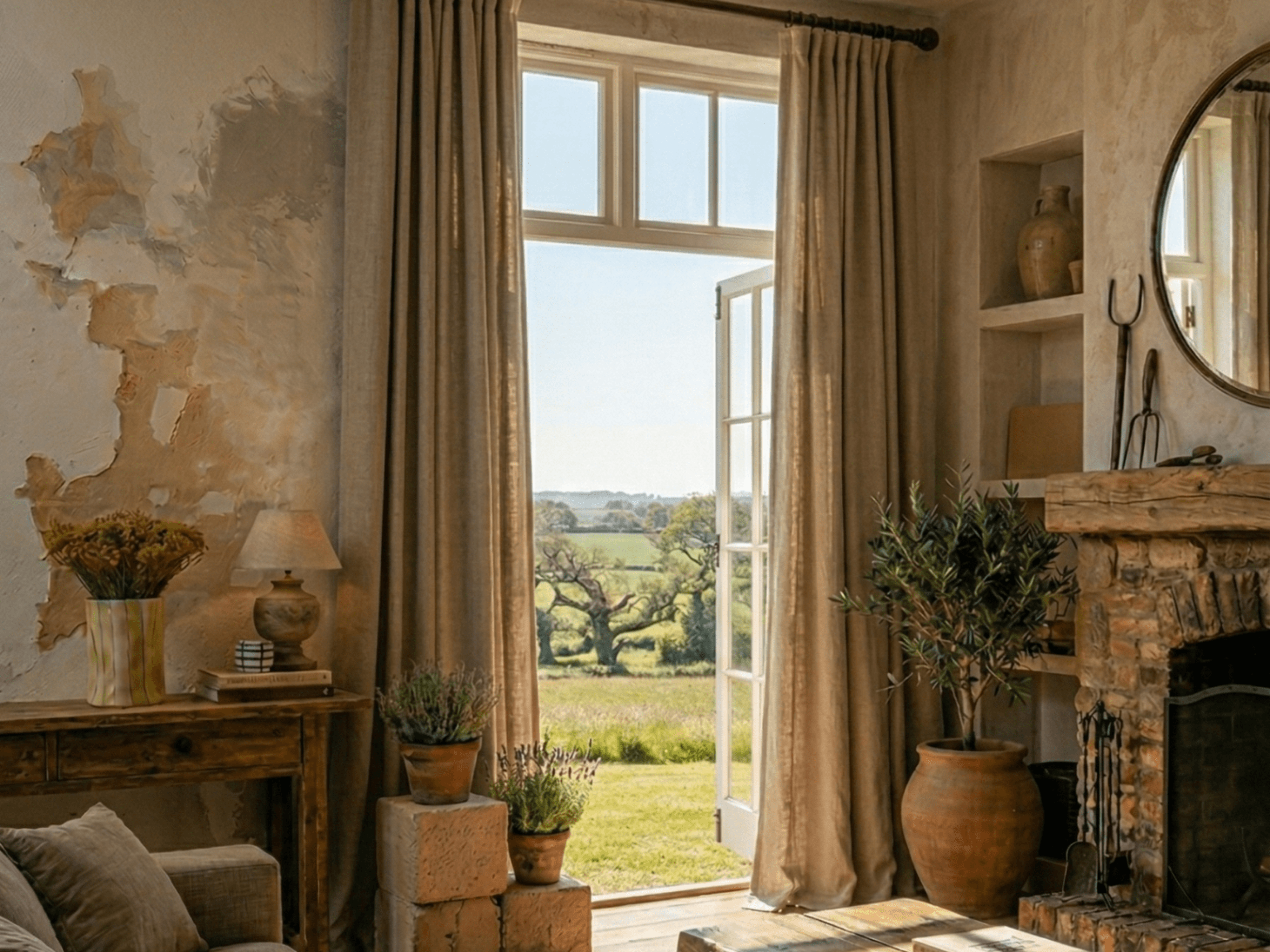 Linen blackout curtains custom size beside a bright window in a warm living room with layered neutral decor.