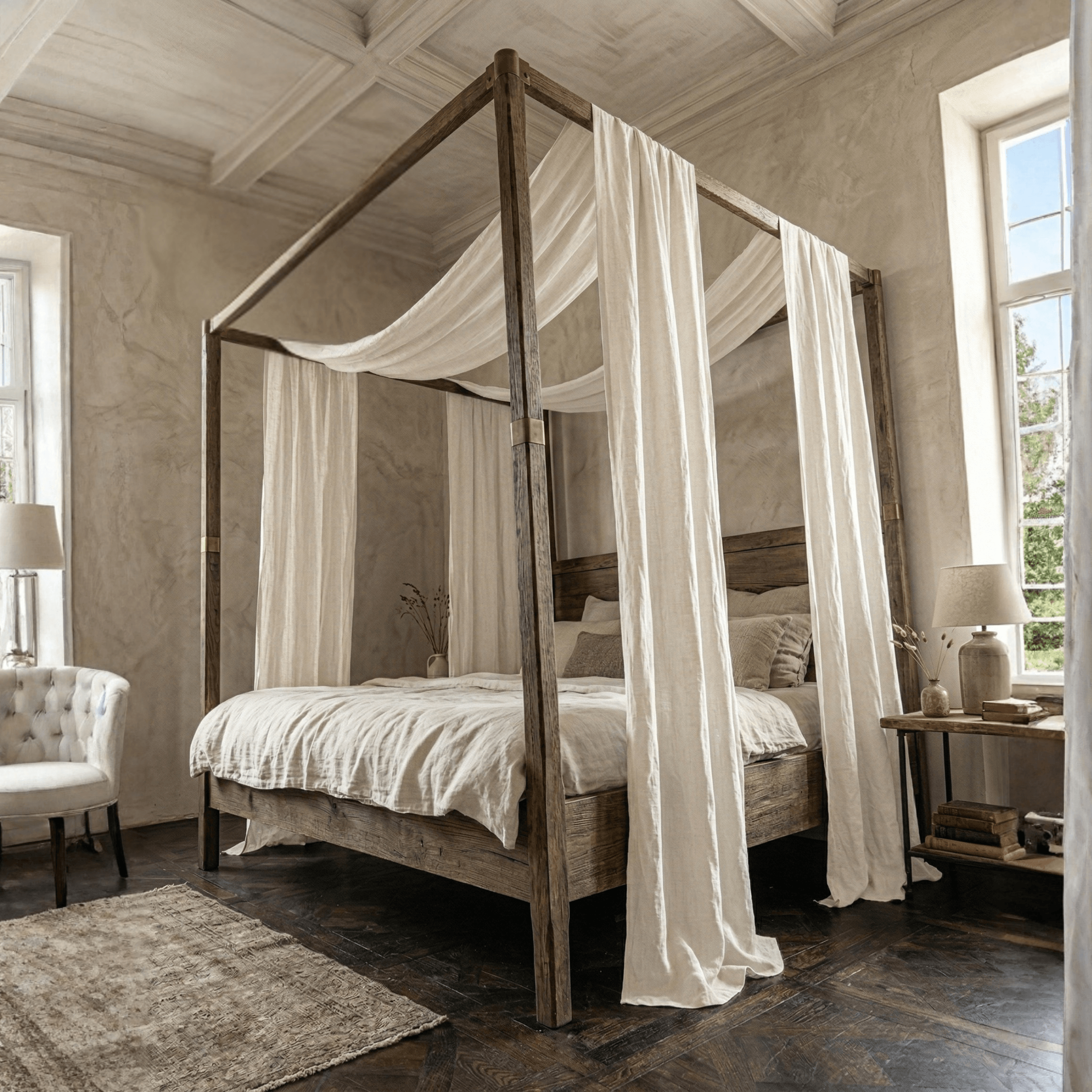 White linen canopy bed curtains on four-poster bed, rustic setting