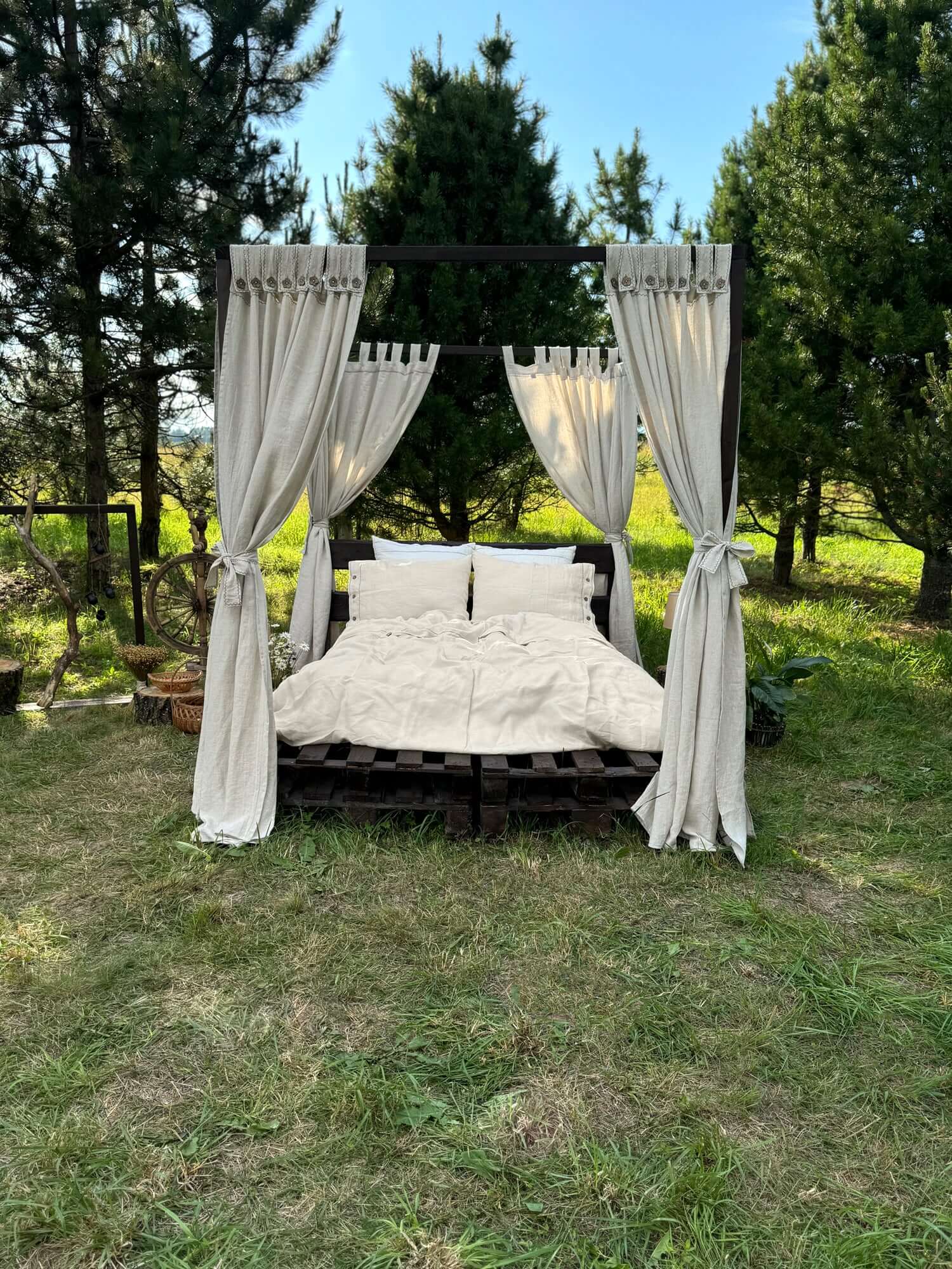 Linen canopy bed curtains in white, full panel length view
