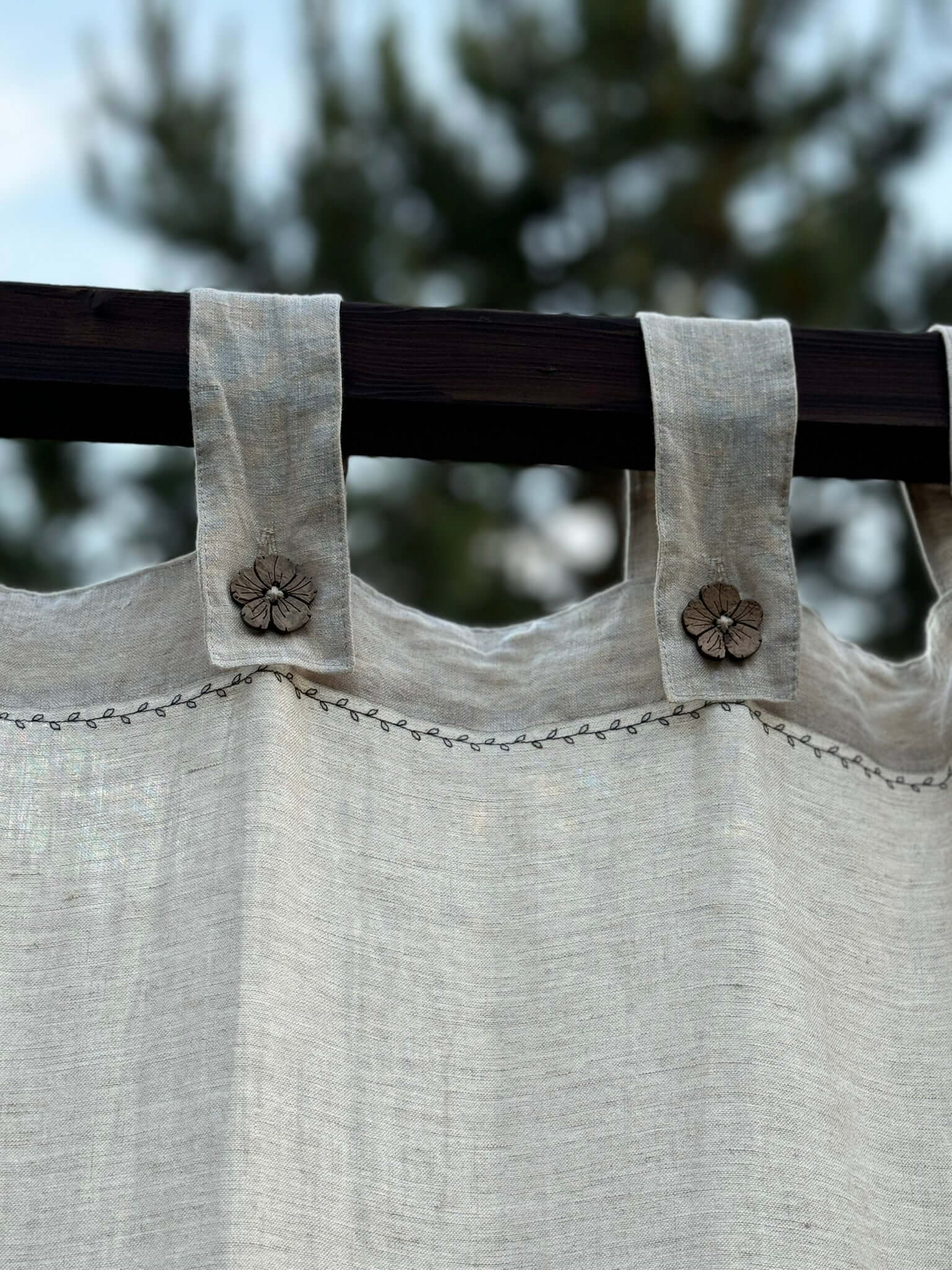 White linen canopy curtain panel, outdoor greenery background