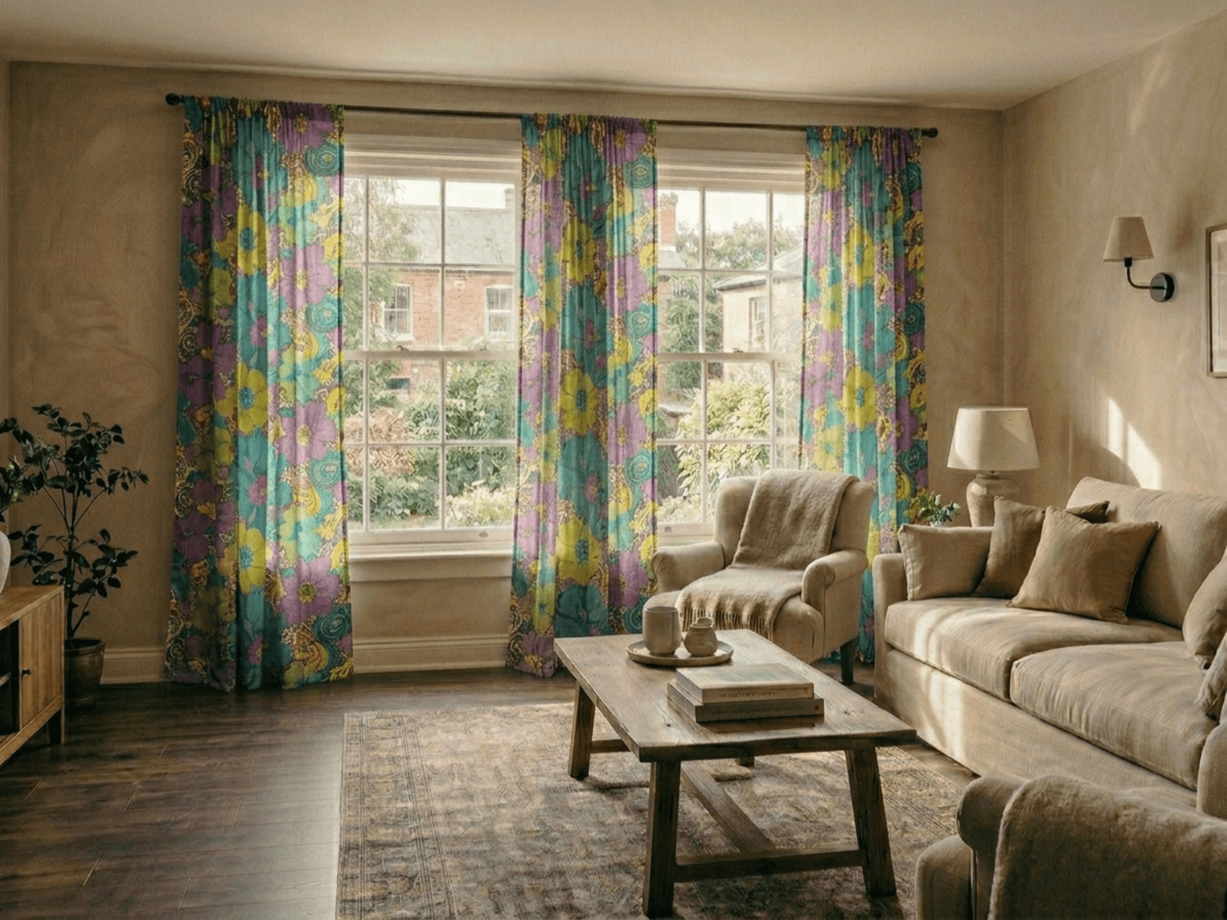 Linen curtains styled on large living room windows with soft natural light