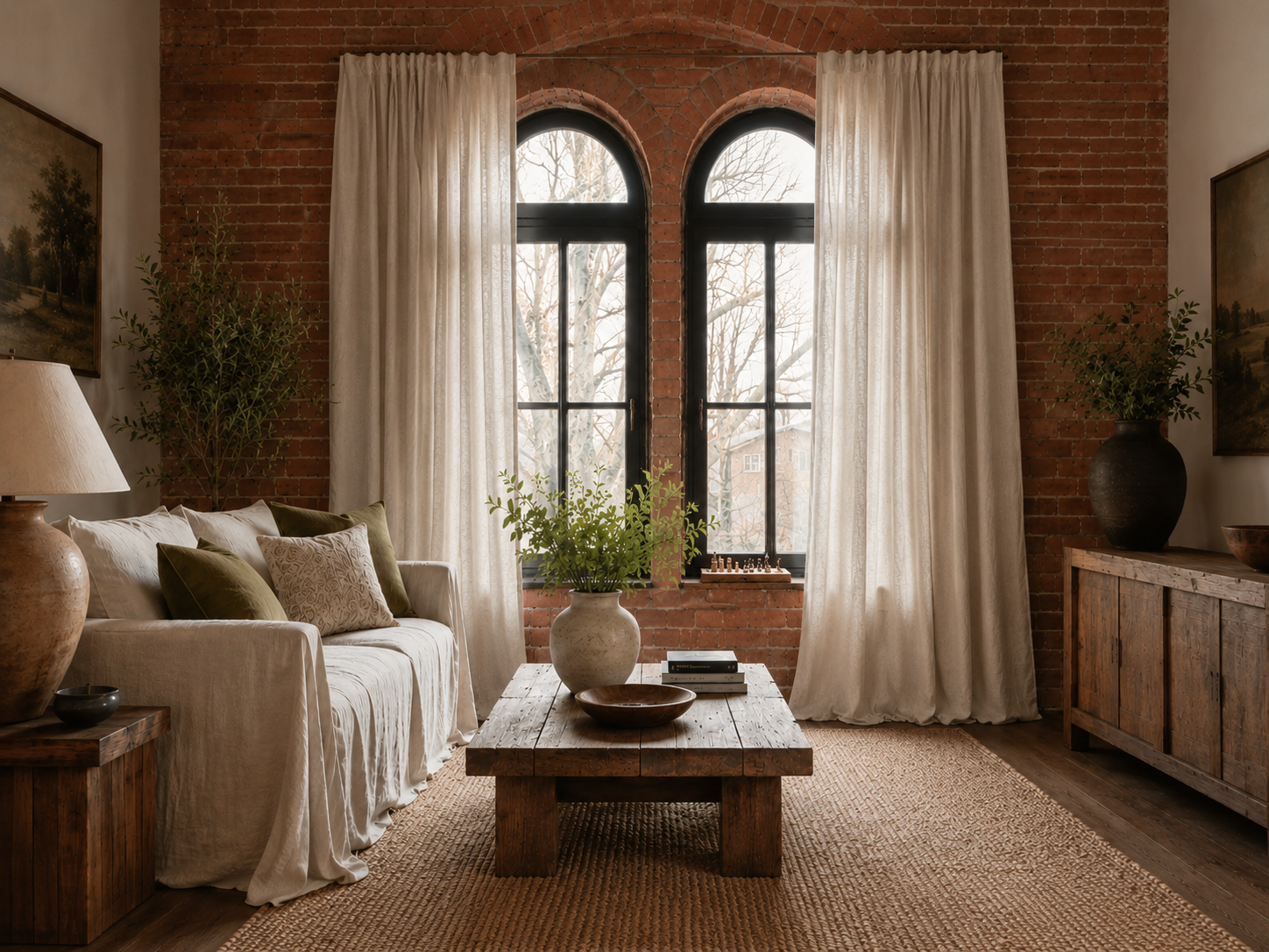 Linen curtains styled in a cozy living room with neutral furniture