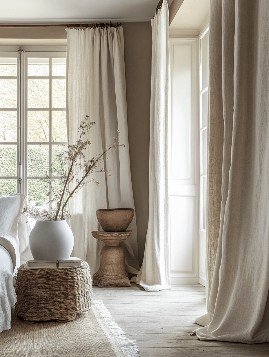 Natural linen curtains styled on a large living room window with soft daylight