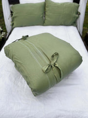 White embroidered linen bedding set with green linen pillowcase, EU, UK, US size