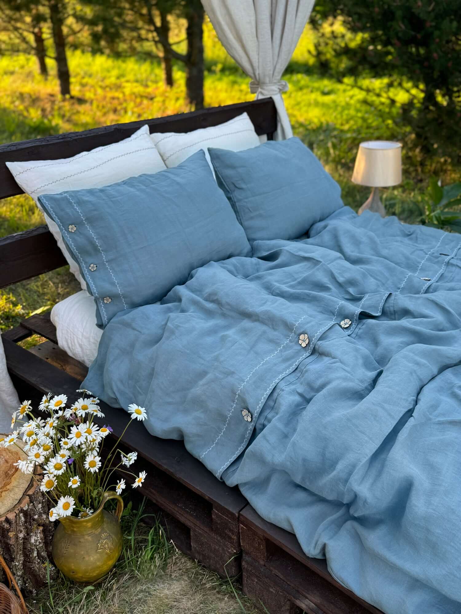White embroidered linen bedding set, full bed view, EU, UK, US size