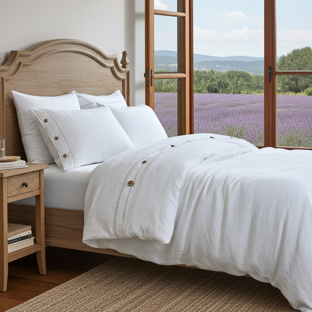 Black embroidered linen duvet cover on bed near window, natural light