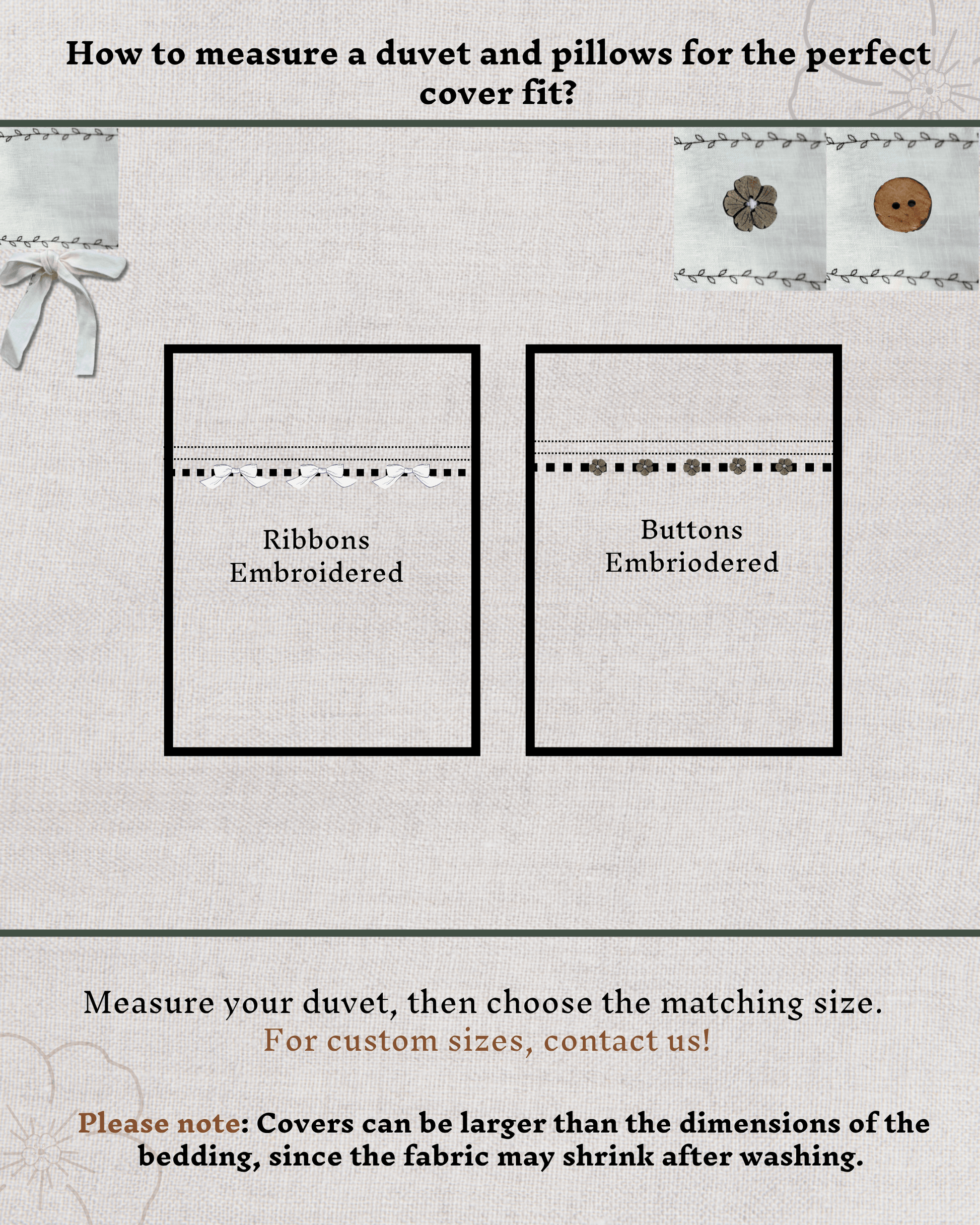 Ordering and size guide diagram for black embroidered linen duvet cover