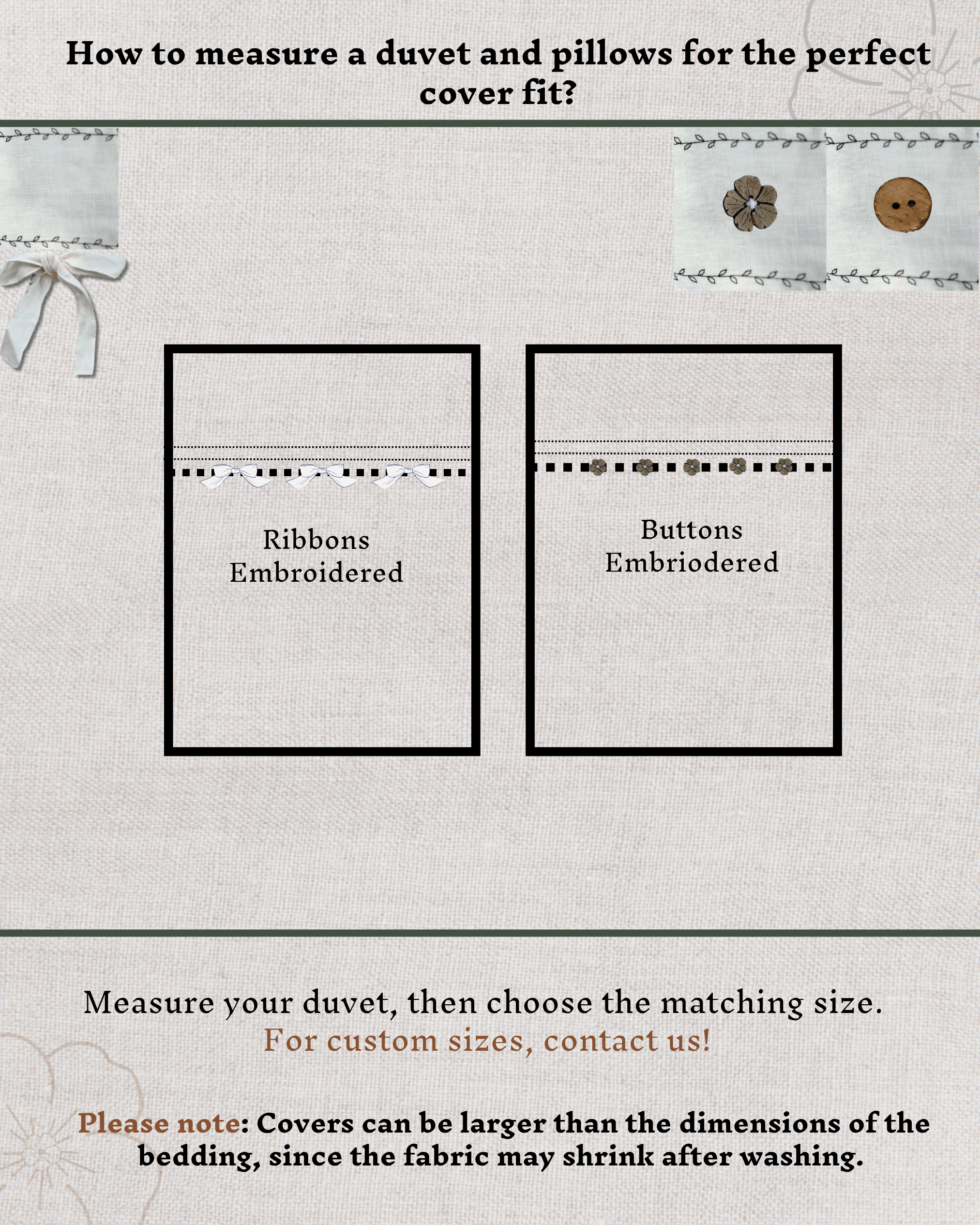 Ordering and size guide diagram for black embroidered linen duvet cover