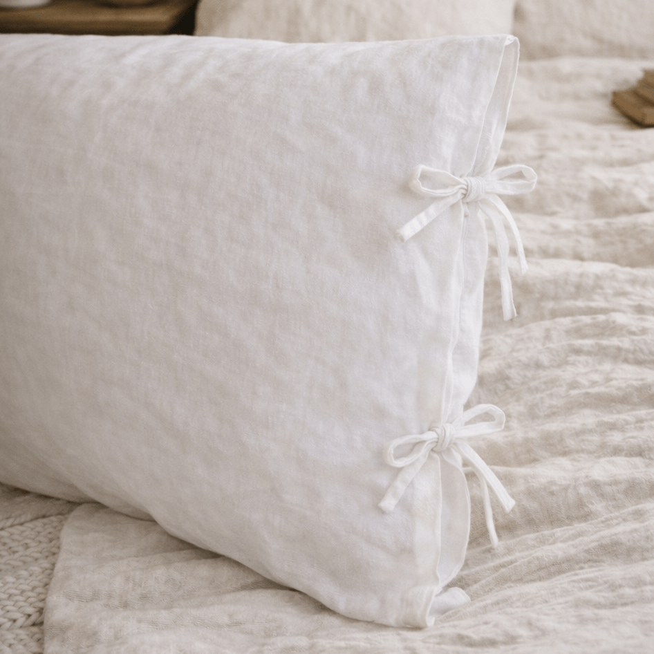 White linen pillowcase with skinny ties (edge detail), softened European linen texture