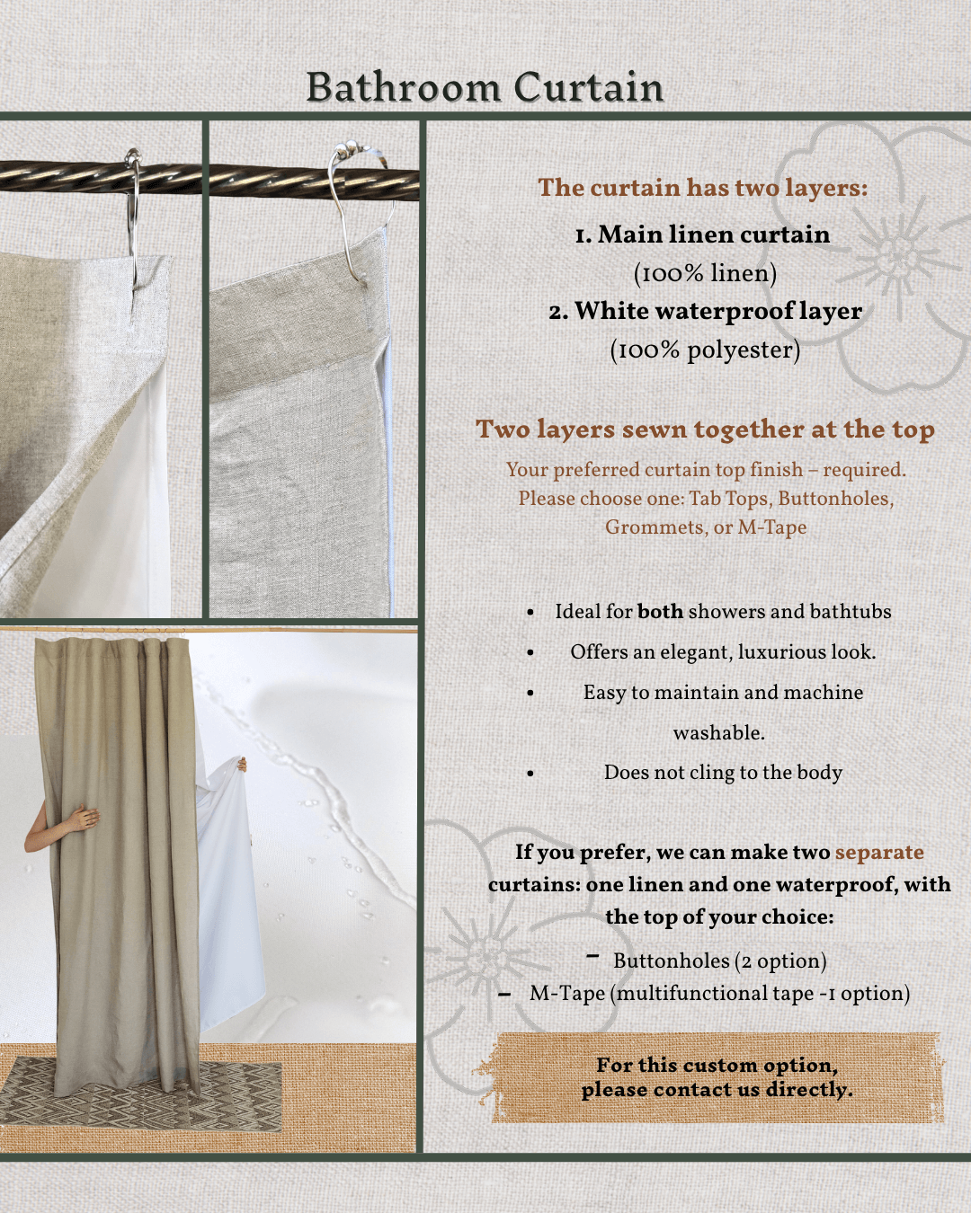 Measuring guide for cream linen shower curtain sizing and hanging style