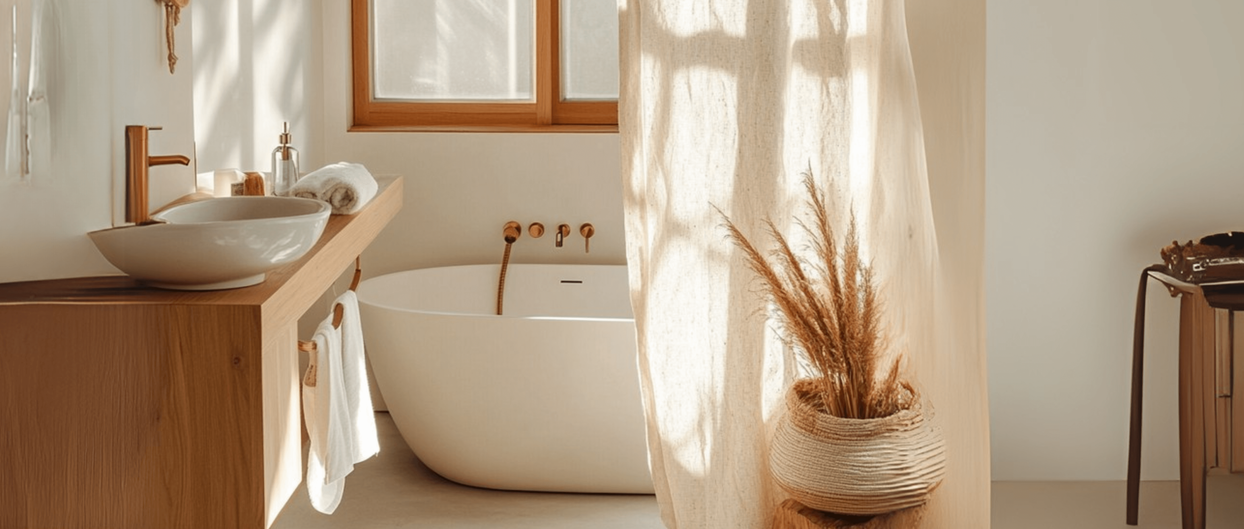 Linen shower curtains in bright living room, lifestyle interior photo