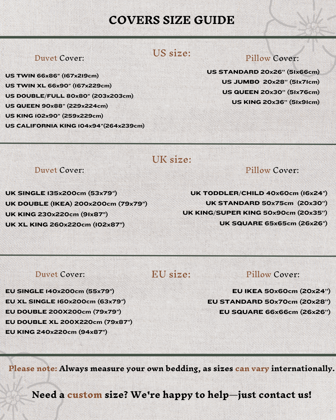 Size guide for minimalist linen pillowcase — custom dimensions step-by-step