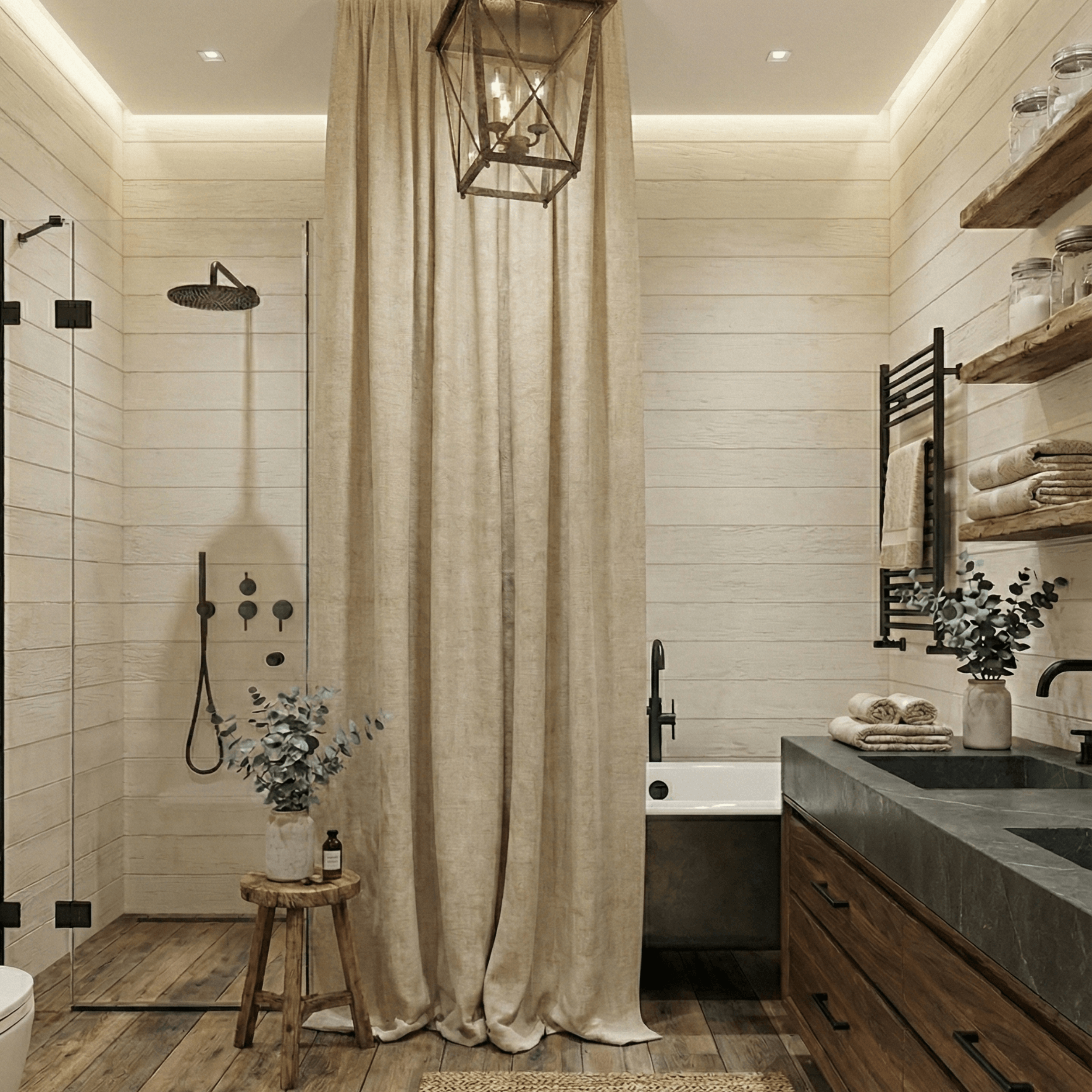 Linen shower curtain in modern bathroom, natural color
