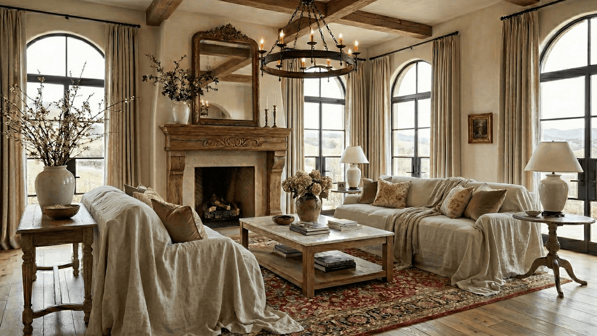 Loose linen couch cover draped over seating in a rustic living room with a fireplace and arched windows.
