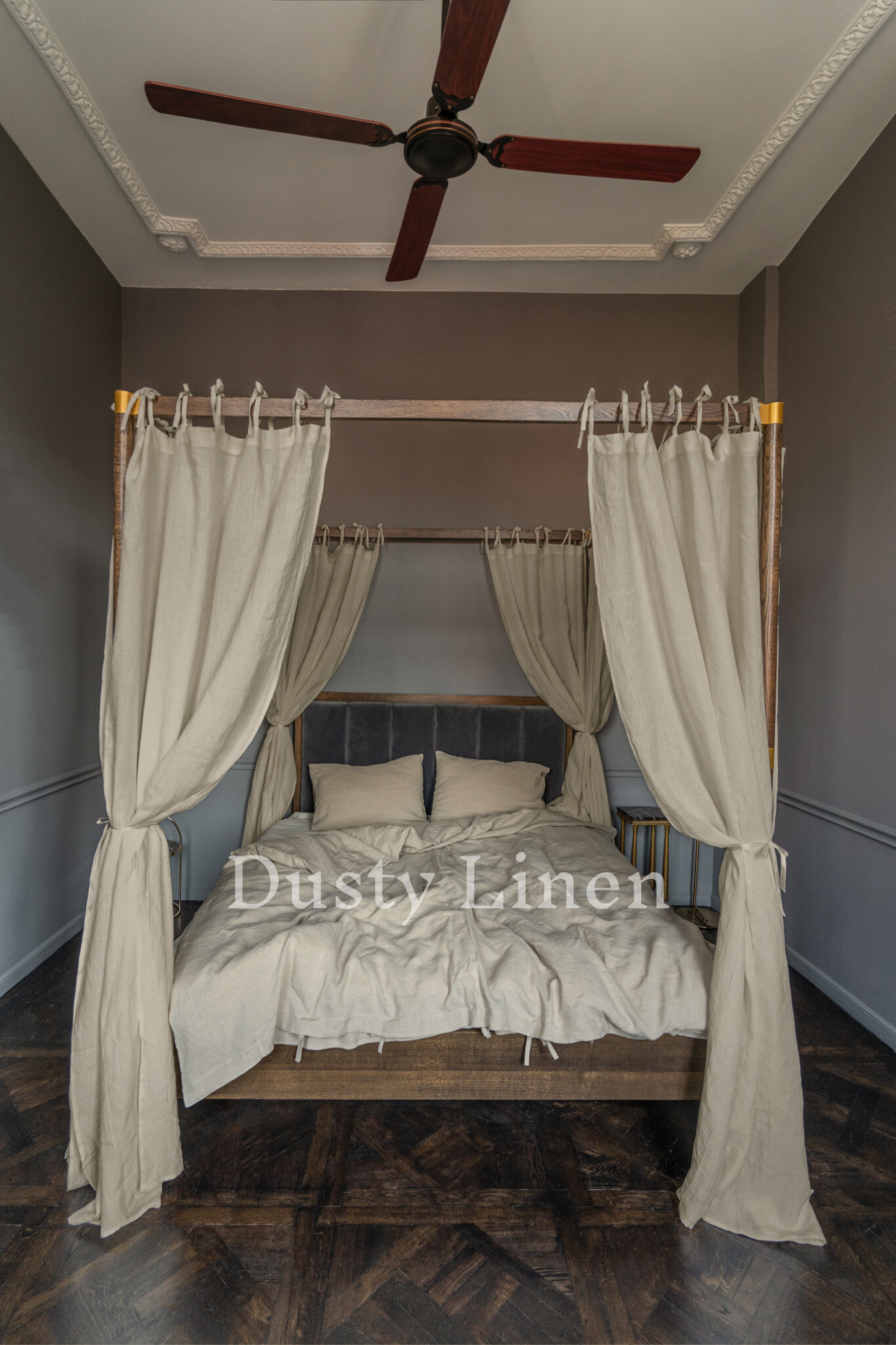 Canopy bed linen curtains with ties in Natural color (190 g/m2 density)-Dusty Linen-#original_alt_text#-