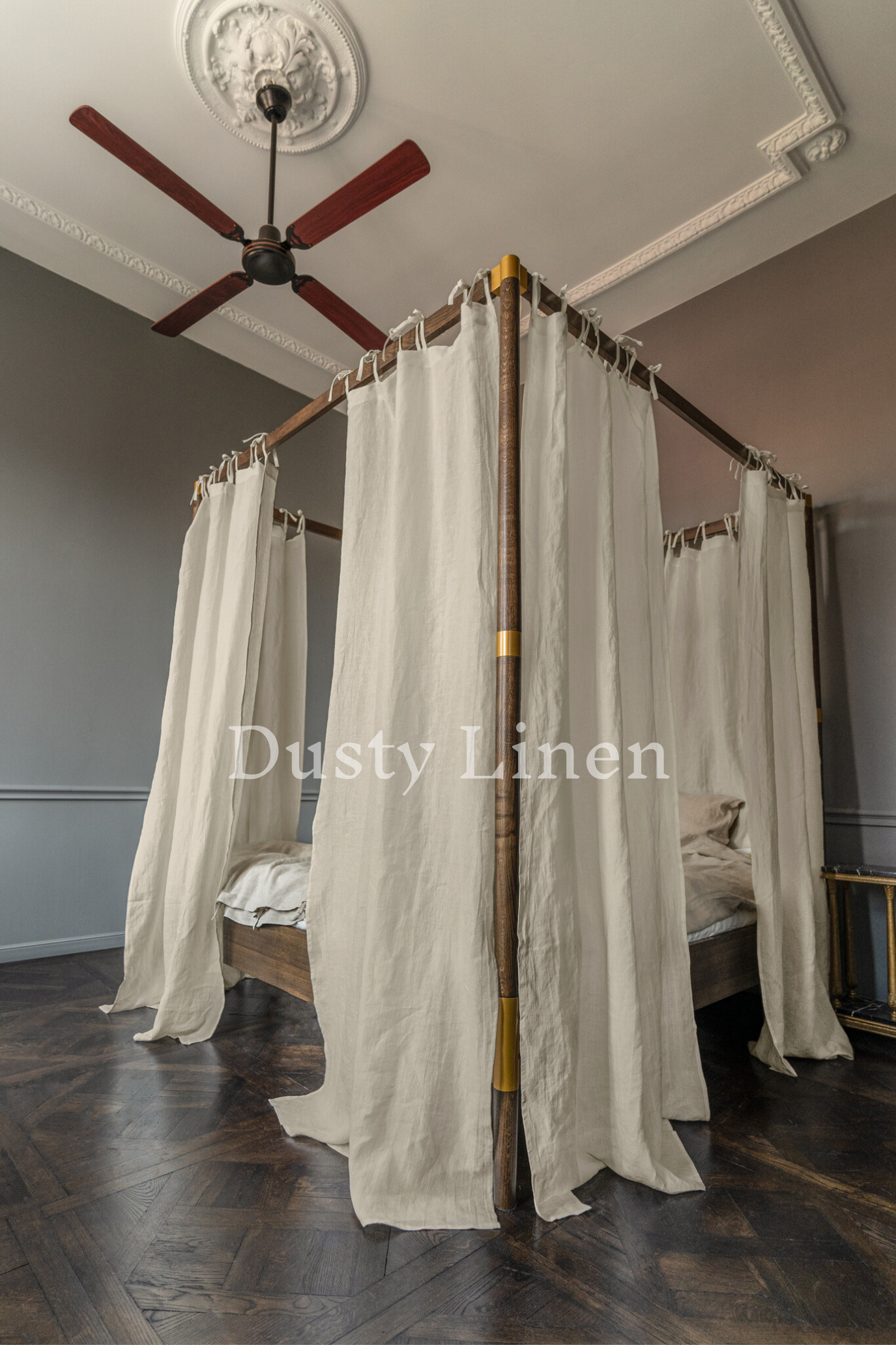 Canopy bed linen curtains with ties in Natural color (190 g/m2 density)-Dusty Linen-#original_alt_text#-