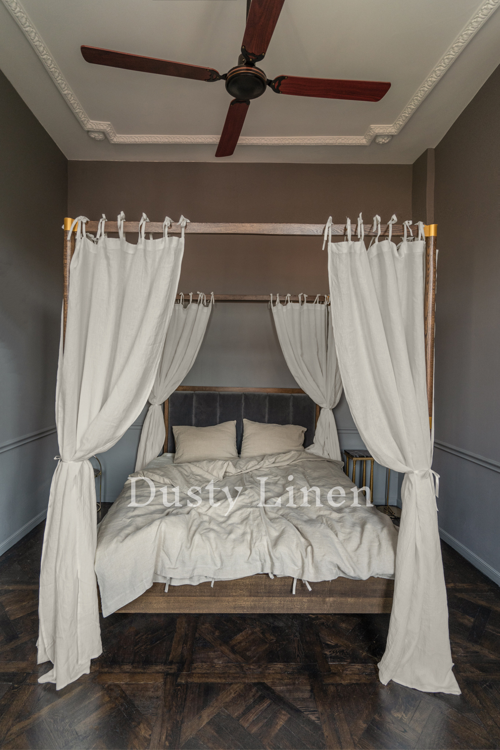 Canopy bed linen curtains with ties in Natural Light color (190 g/m2 density)-Dusty Linen-#original_alt_text#-