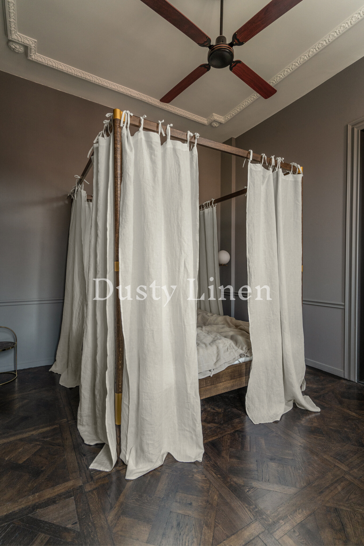 Canopy bed linen curtains with ties in Natural Light color (190 g/m2 density)-Dusty Linen-#original_alt_text#-