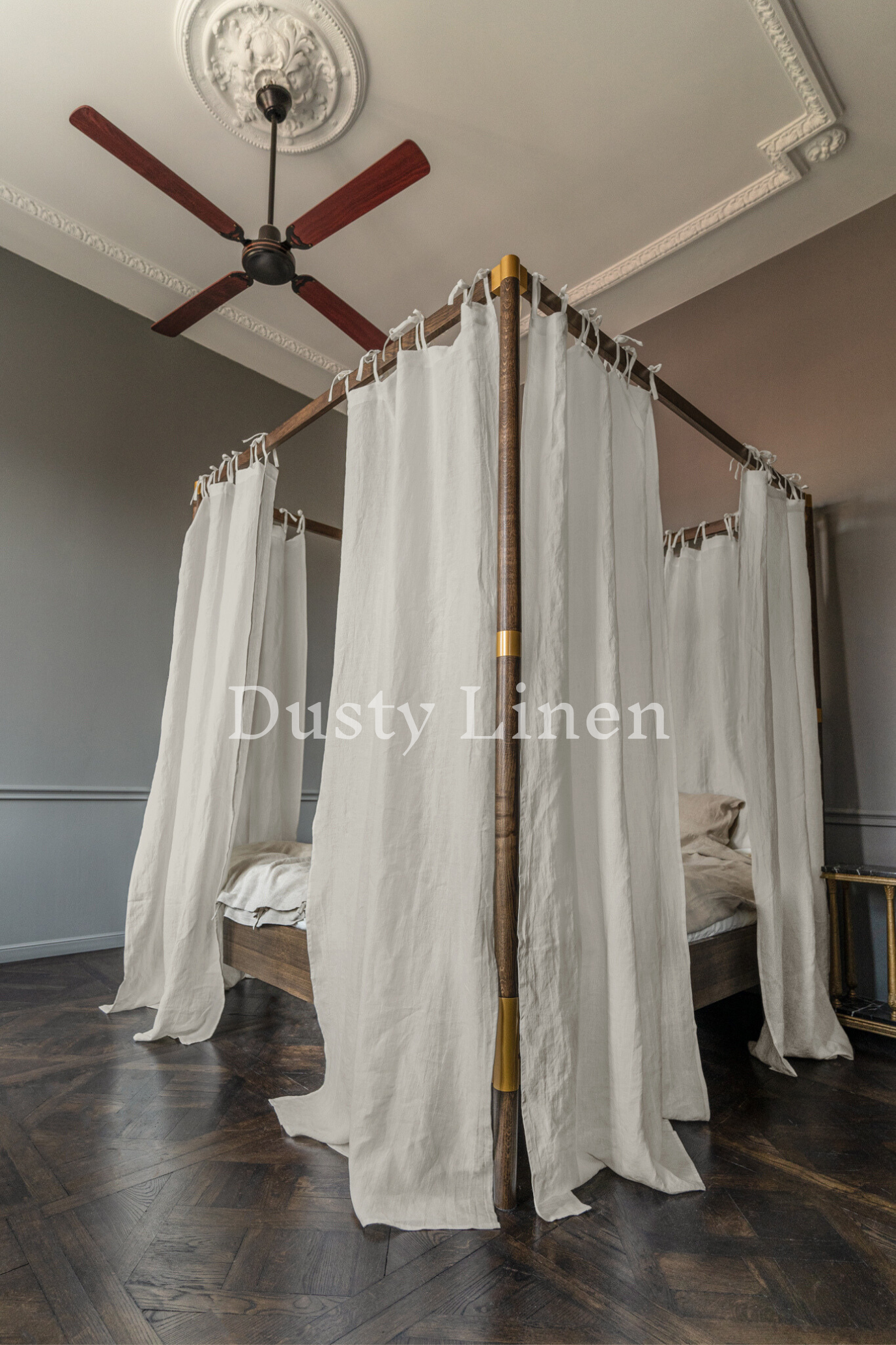 Canopy bed linen curtains with ties in Natural Light color (190 g/m2 density)-Dusty Linen-#original_alt_text#-