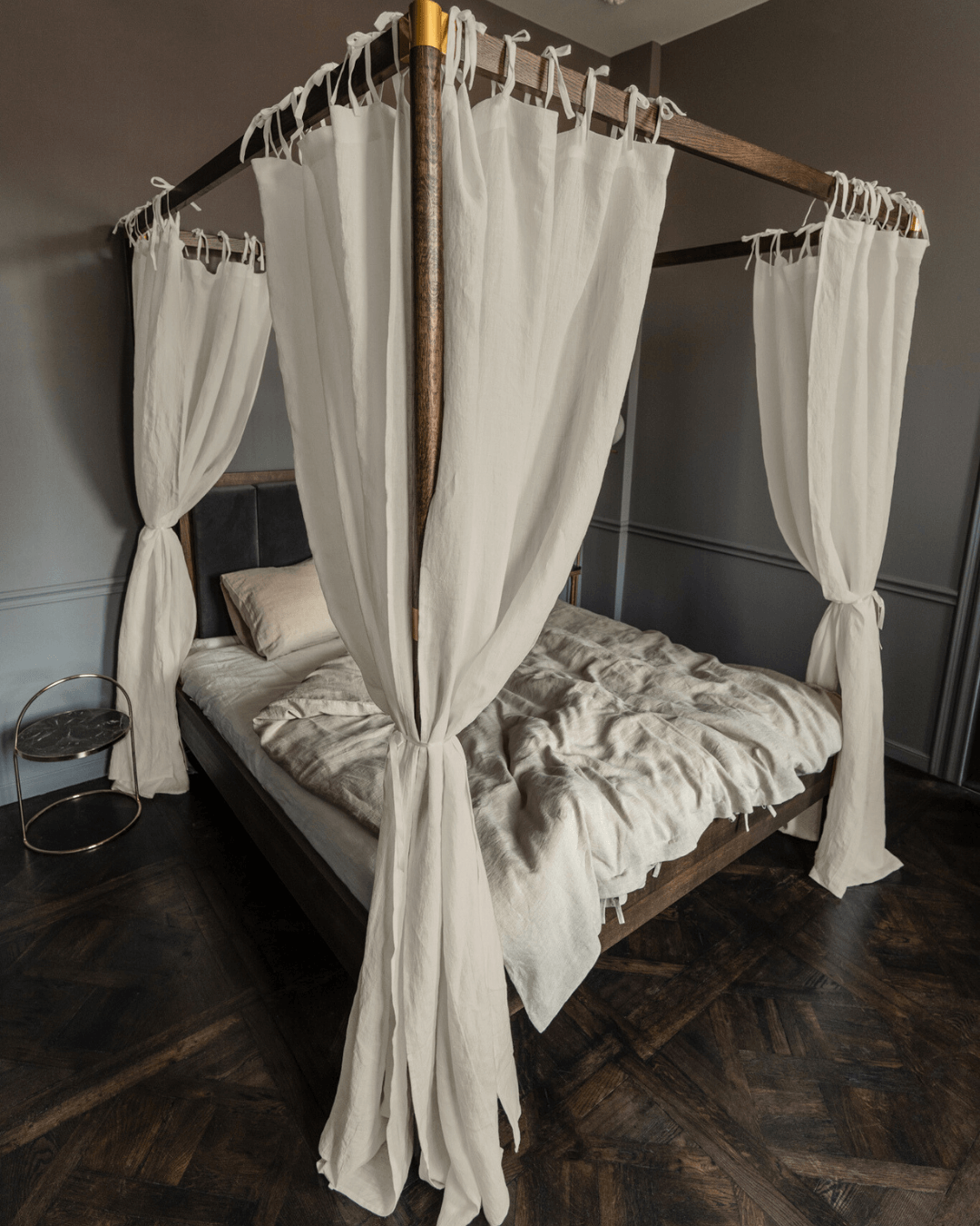Natural Light color (190 g/m2 density) a four poster bed with white drapes and a ceiling fan Dusty Linen