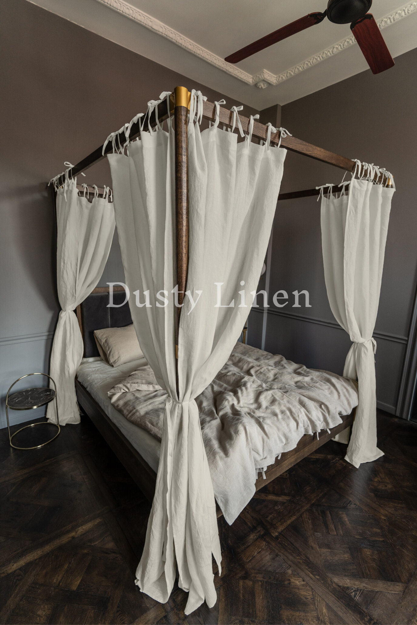 Natural Light color (190 g/m2 density) a four poster bed with white drapes and a ceiling fan Dusty Linen