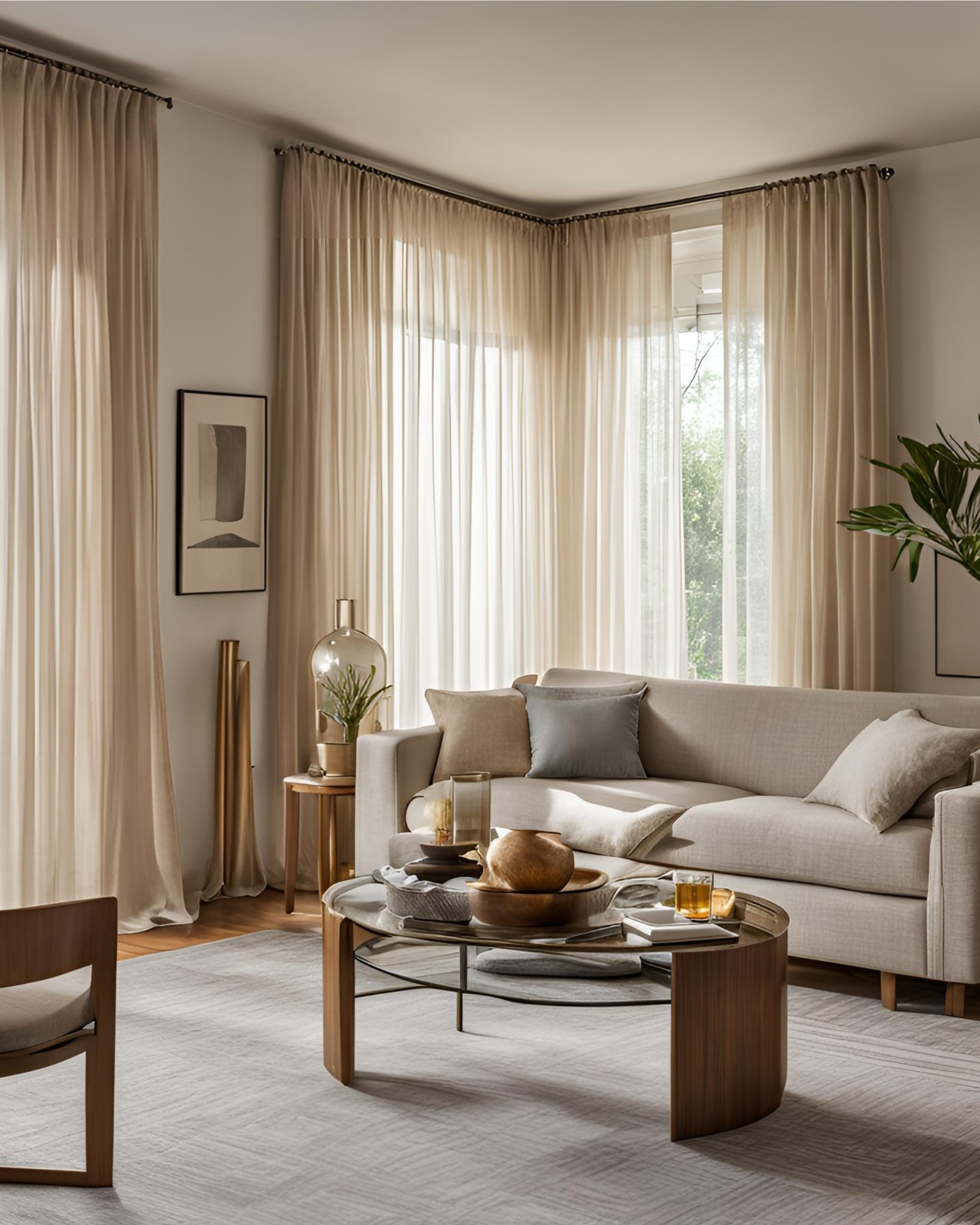 Made to order linen curtains adding soft texture to a cozy living room with layered neutral decor.