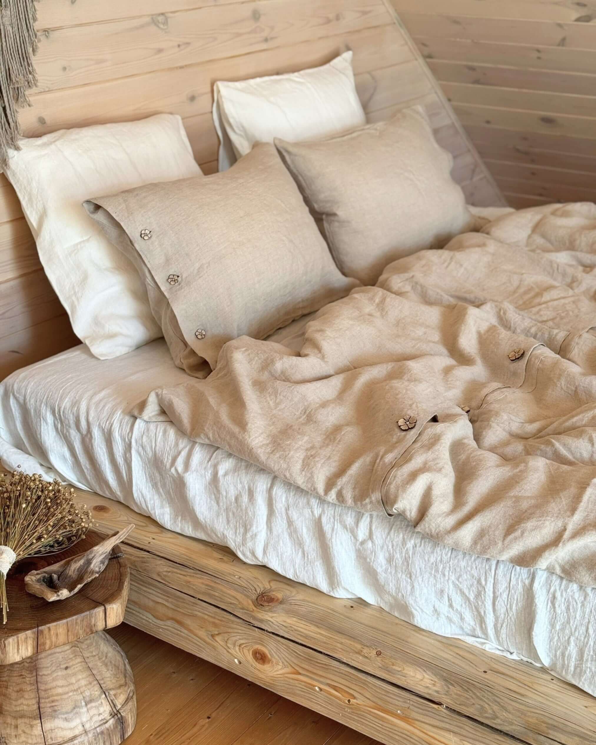 Close-up of softened linen fabric texture, 100% European linen bedding set