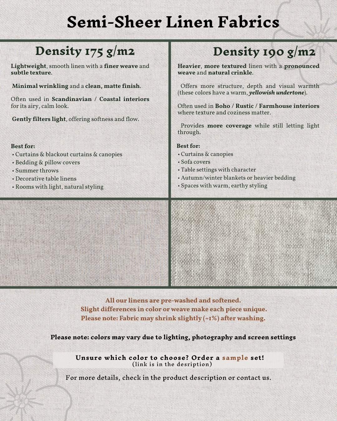 Extra wide linen fabric spec sheet - width, weight and care information