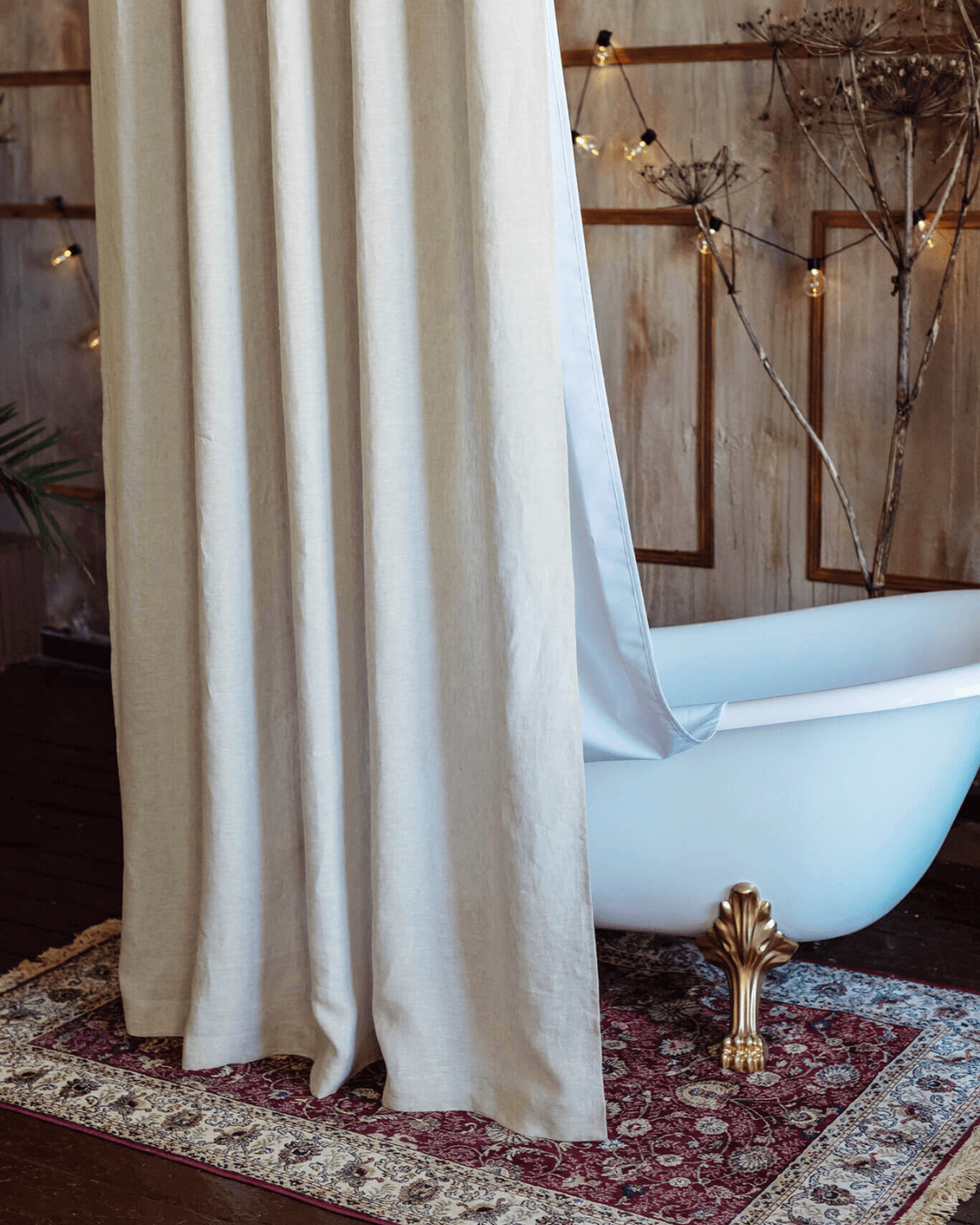Linen shower curtain with waterproof lining, natural light, rustic bathroom