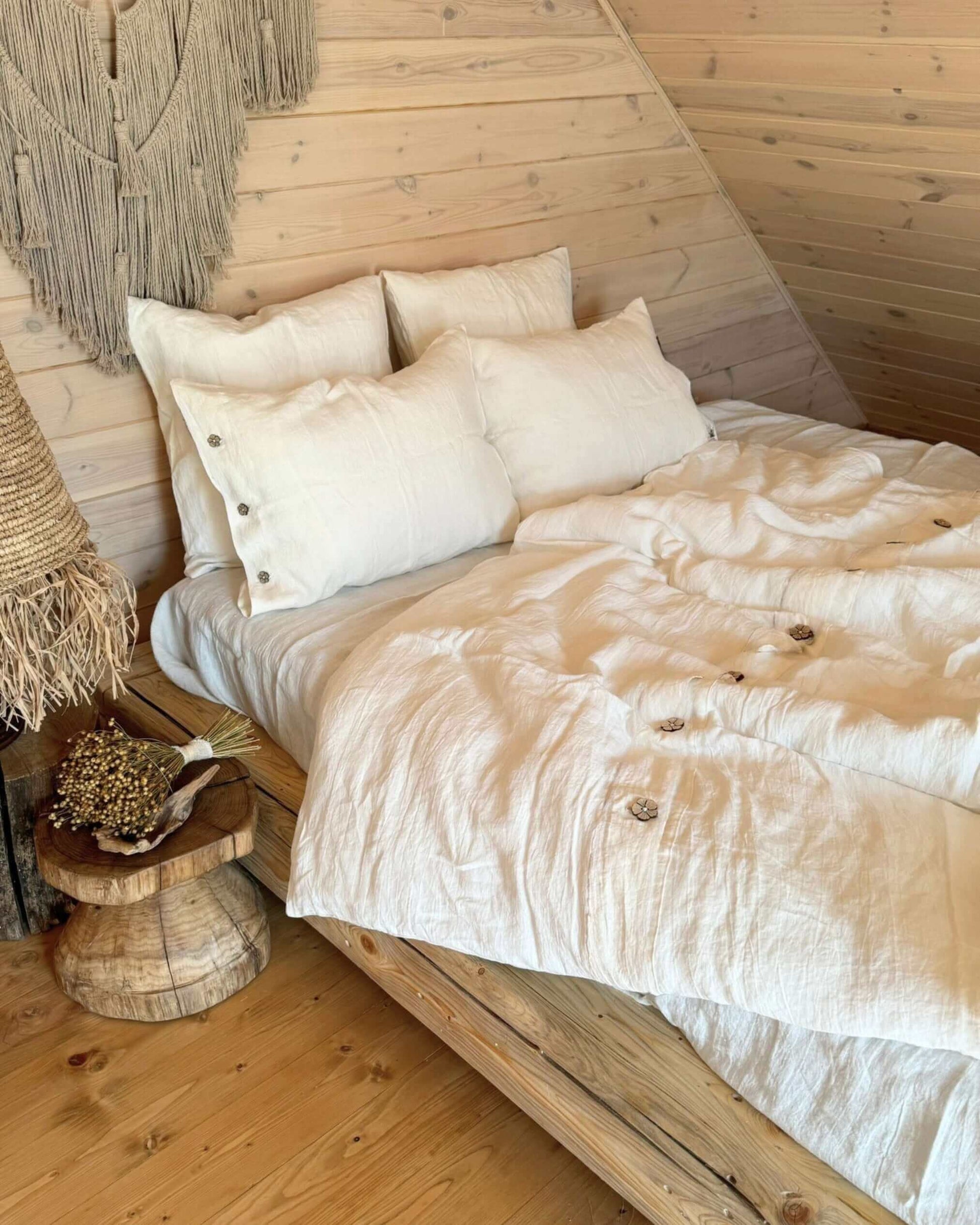 Linen duvet cover in off white on white bed, lifestyle bedroom photo