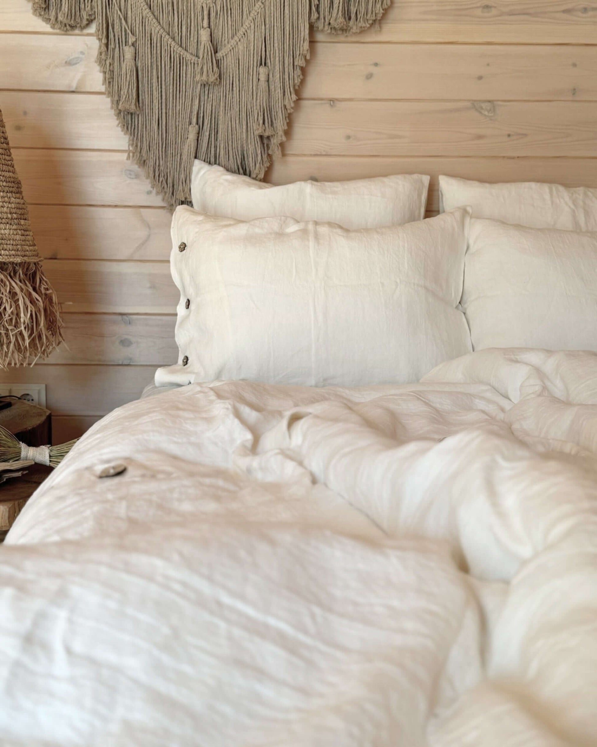 Close-up of linen bedding set fabric texture, 100% softened linen