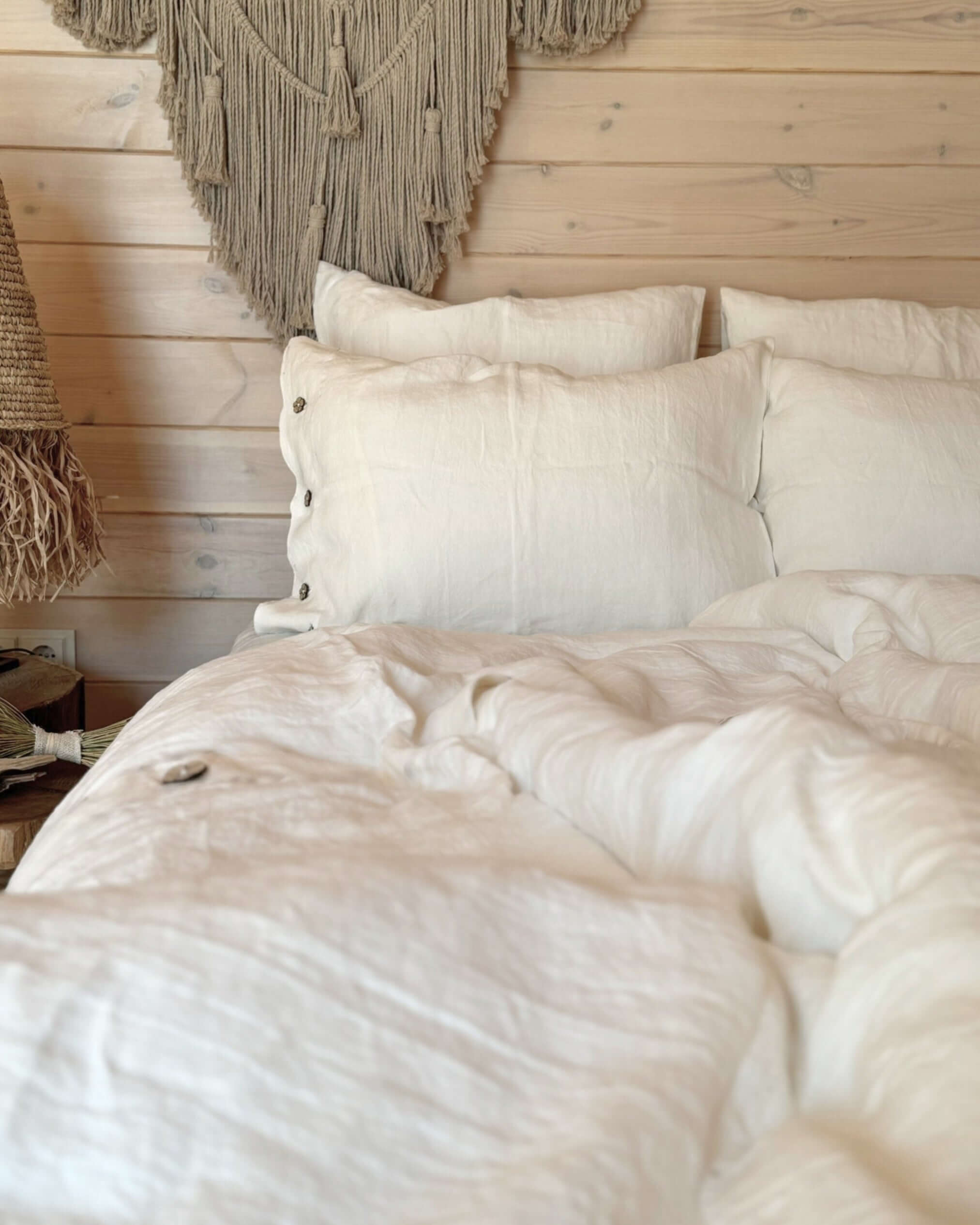 Close-up of linen bedding set fabric texture, 100% softened linen