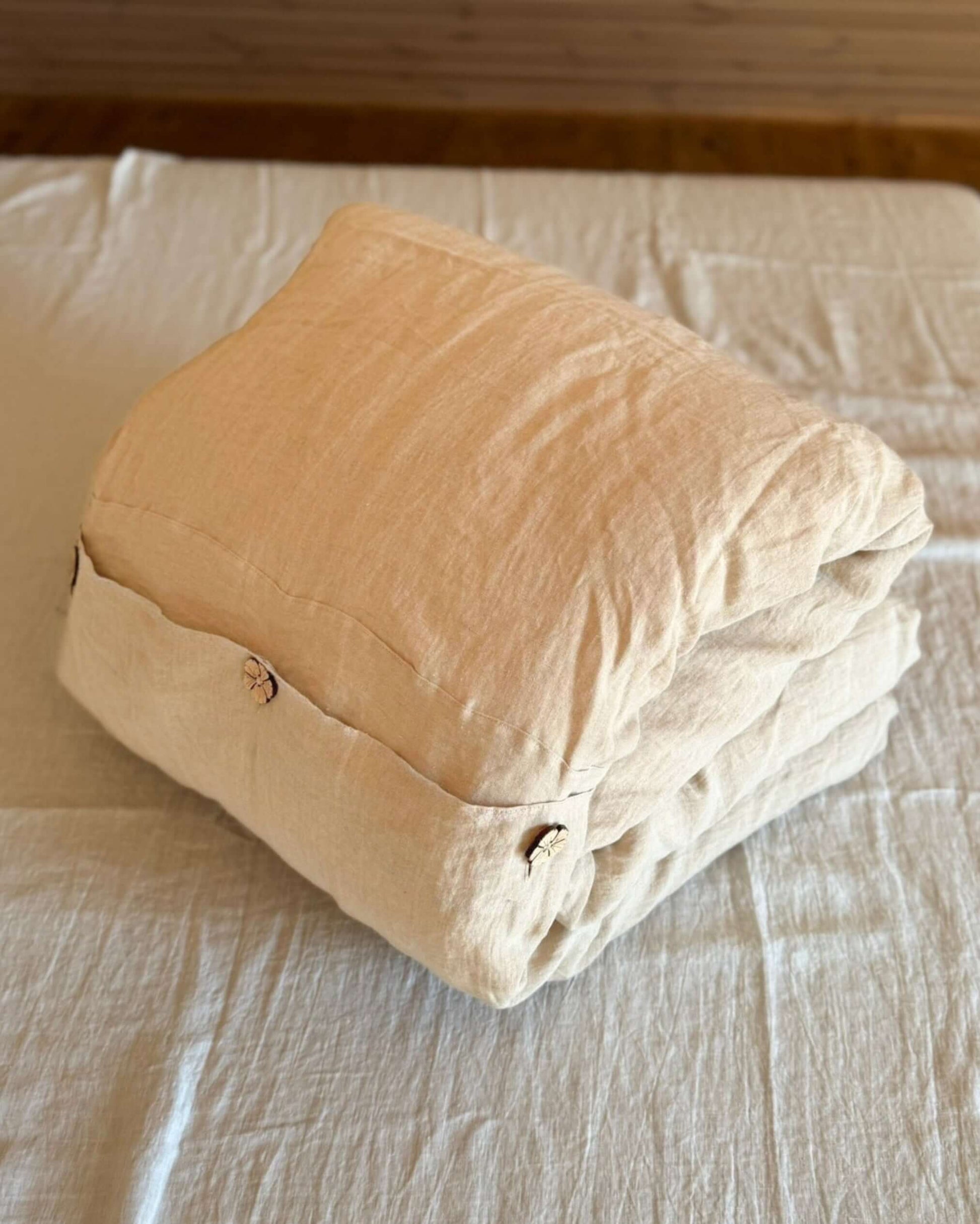 Linen duvet cover with top closure detail, softened European linen texture