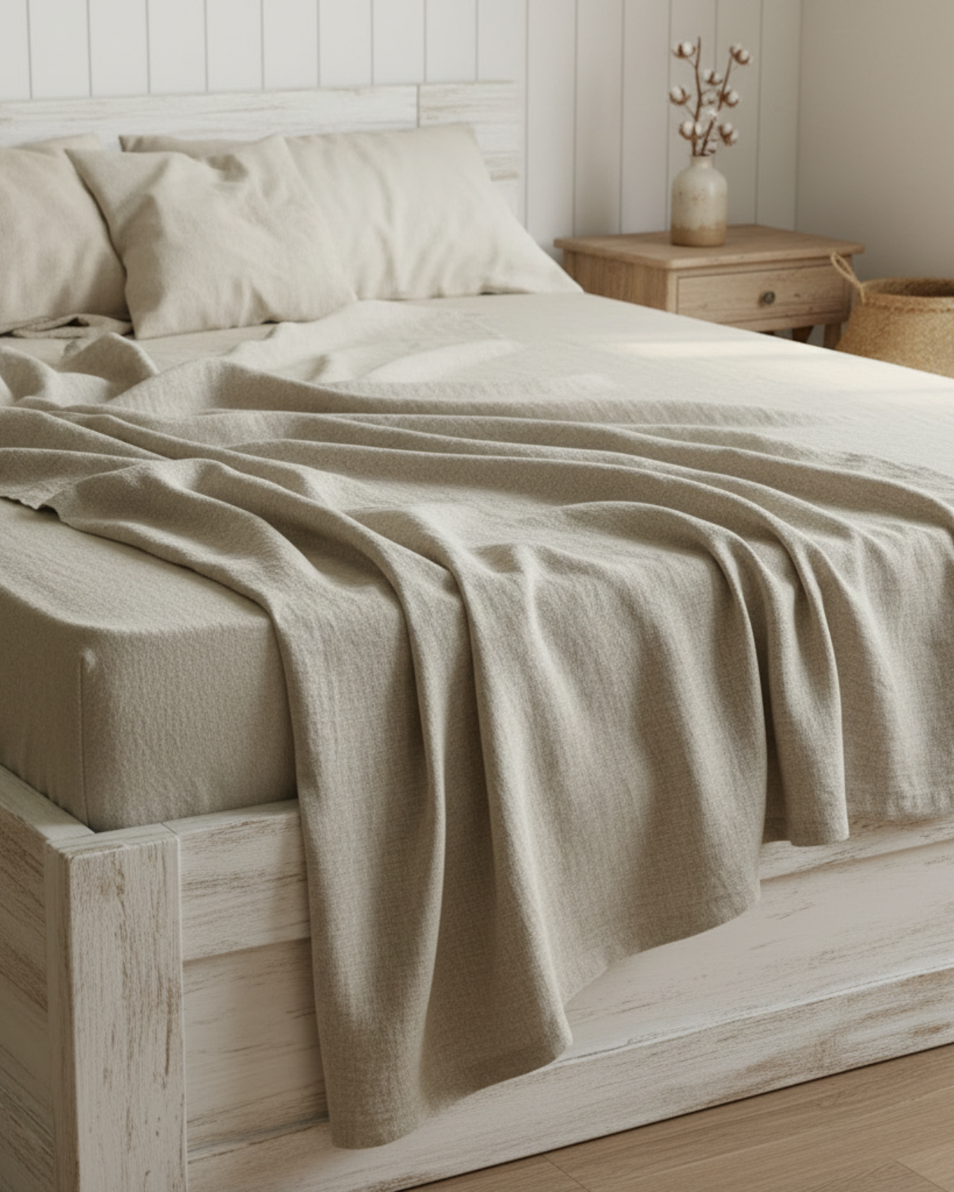 Natural linen flat sheet with soft drape styled on a bed