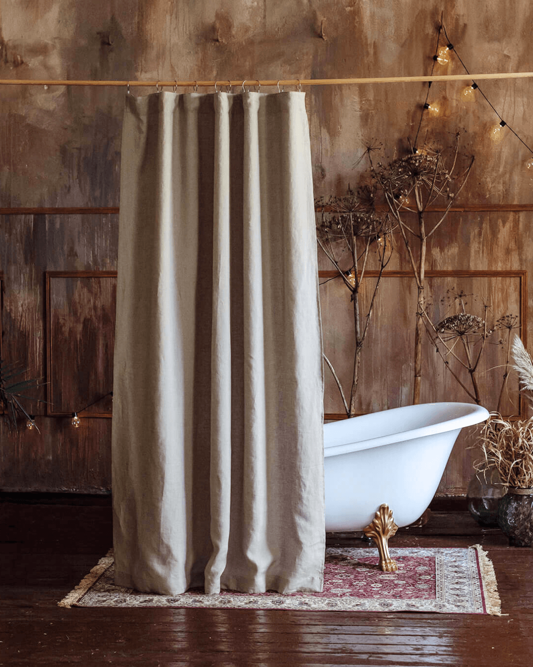 Natural linen shower curtain and liner, front view