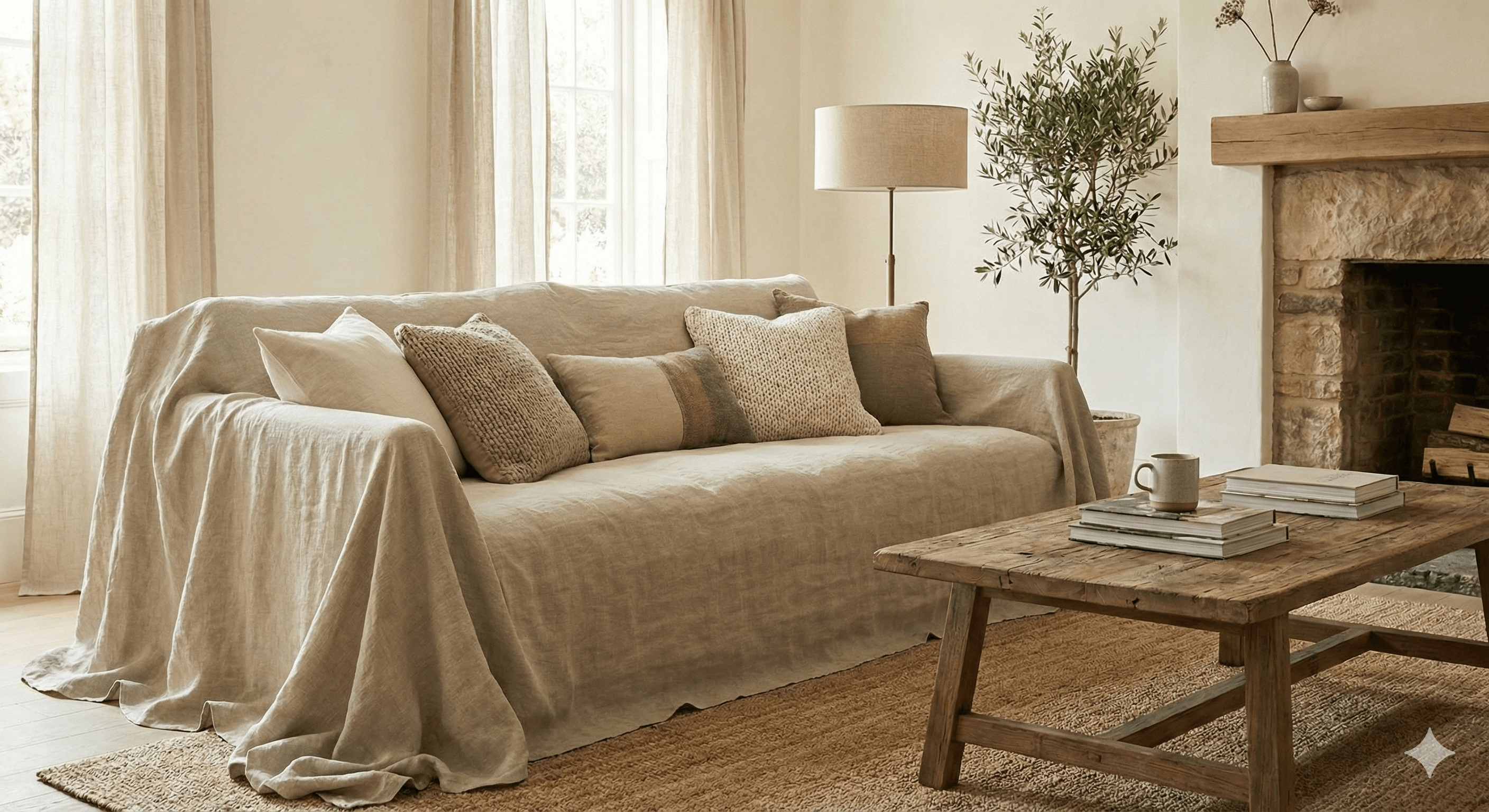 natural linen sofa cover styled in a calm living room interior