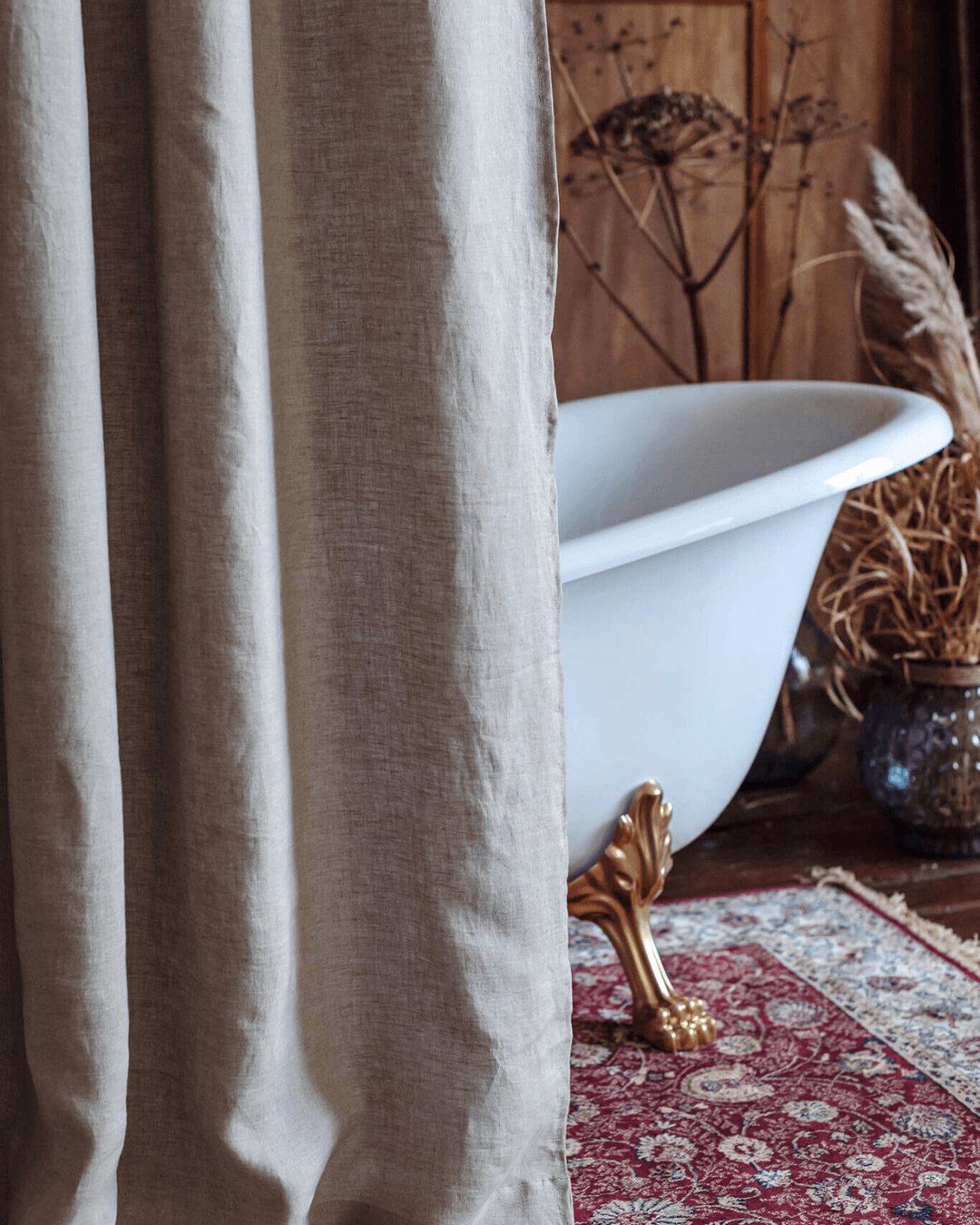 Shower curtain and liner in Natural linen, rustic bathroom rod view