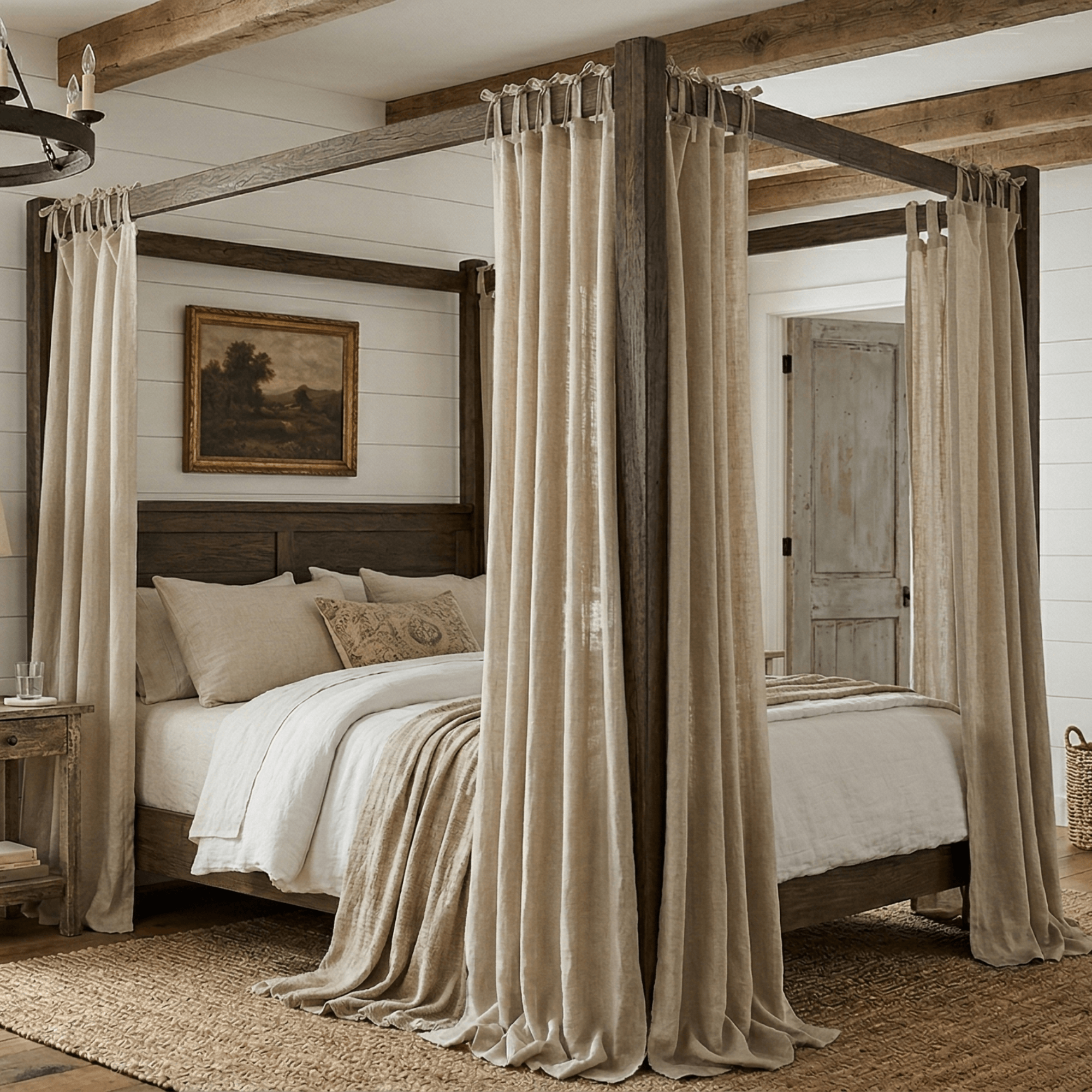 Linen canopy curtains in warm-toned bedroom with natural light